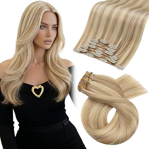 Moresoo - Extensiones de cabello humano Remy con pinzas, doble trama, lacio, para mujer, color rubio ceniza oscuro con reflejos rubio dorado, 18
