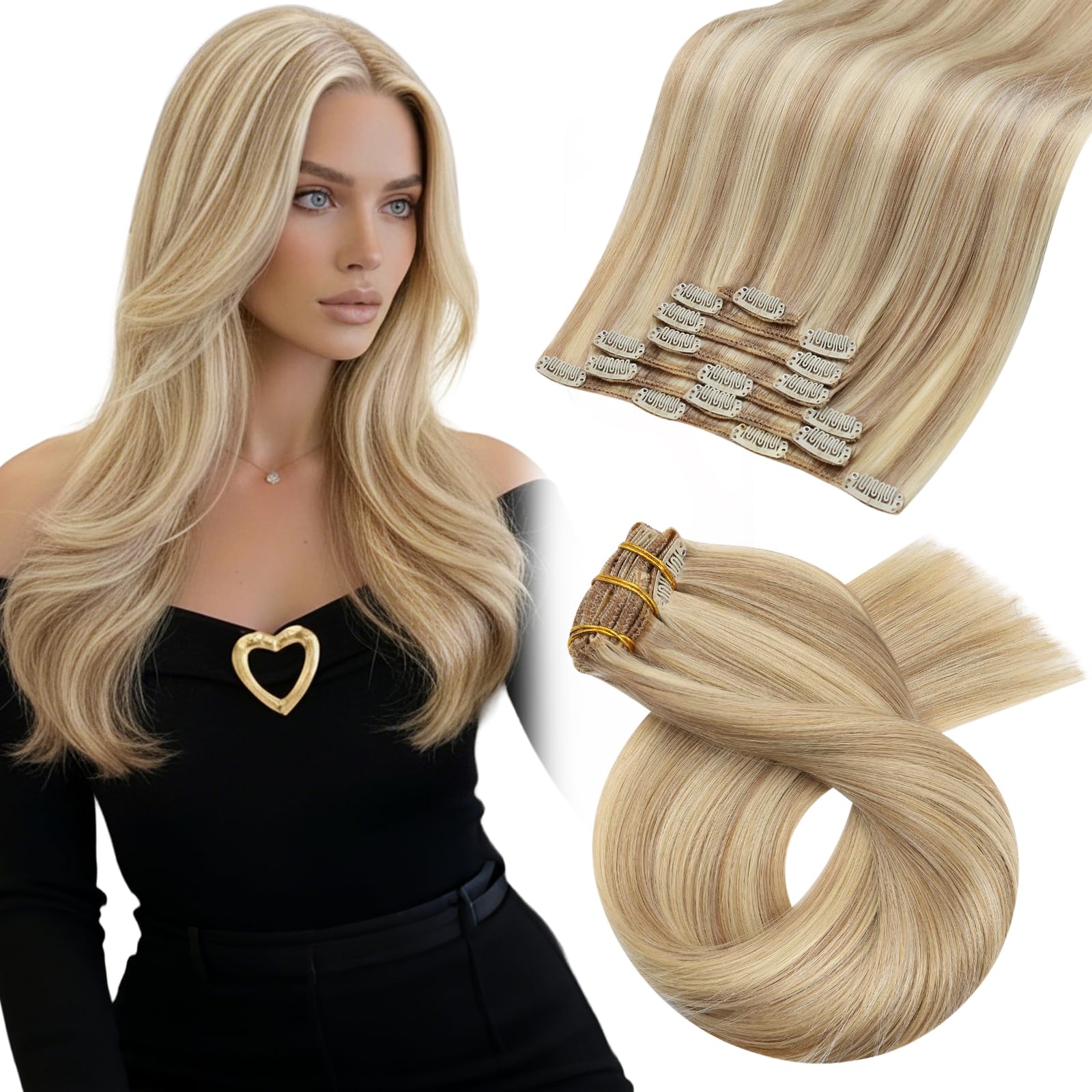 Moresoo Human Hair Extensions Clip in Real Hair Ash Blonde with Bleached Blonde Clip in Hair Extensions Remy Human Mid-length Hair Layered Add Volume 14 Inch 5pcs/80g #P18/613 — view 20