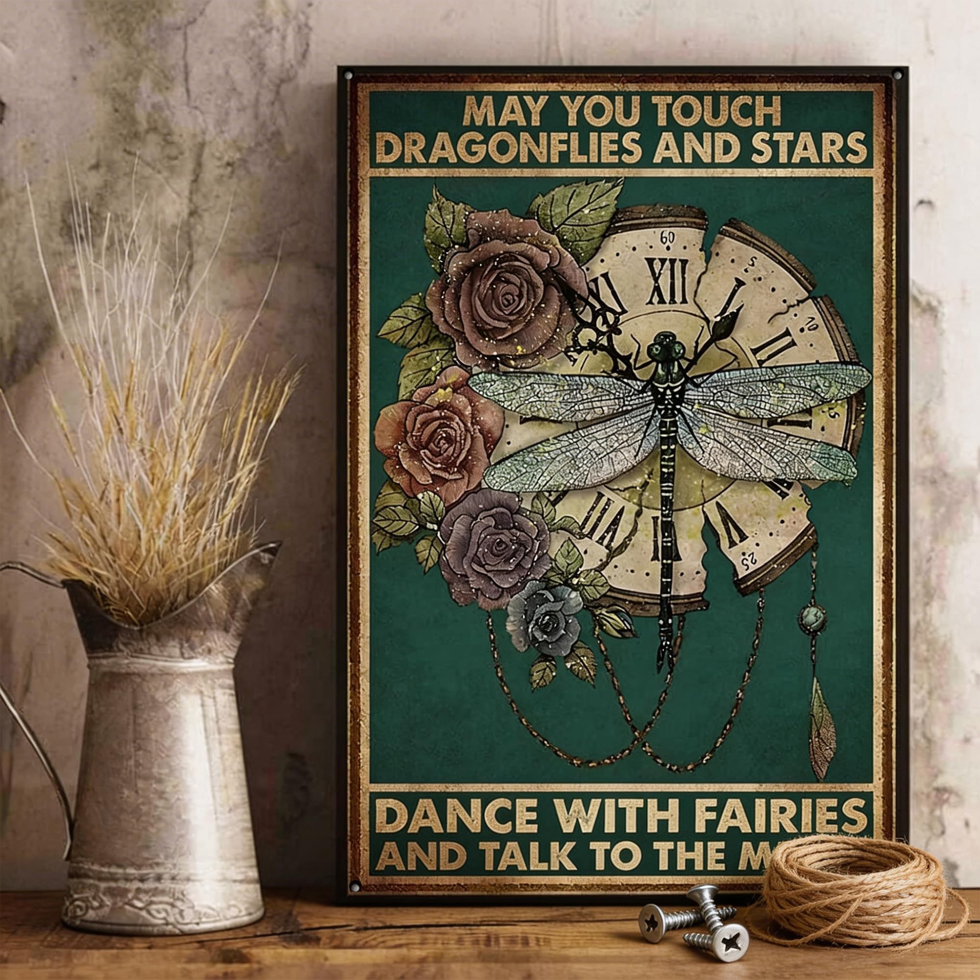 MINWEGI Vintage Metal Wall Decor - Dragonfly Rustic Tin Sign with Pre-Drilled Holes for Home, Office, Cafe - May You Touch Dragonflies and Stars Art Plaque