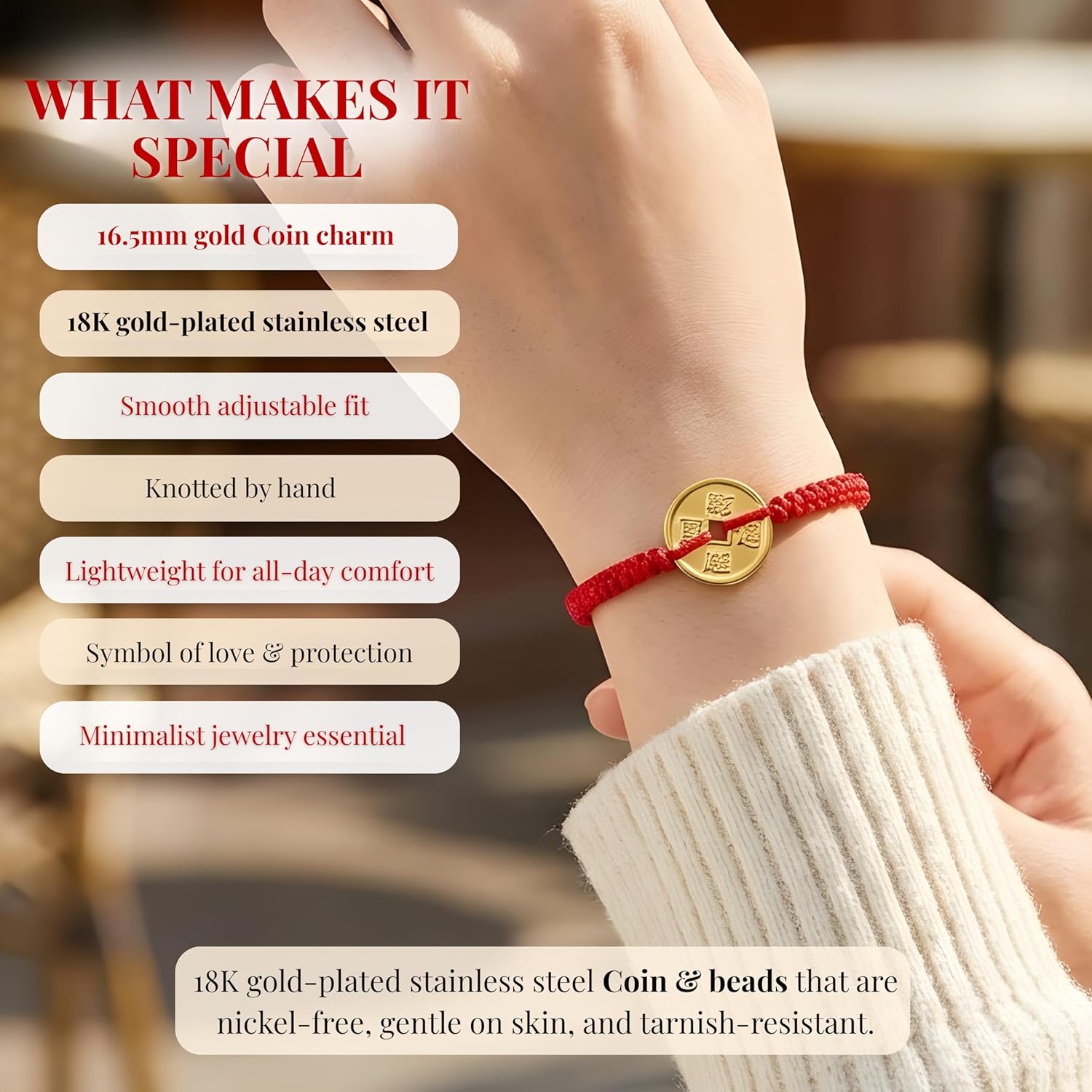 Cherry Tree Collection Lucky Red String Bracelets with 18K Gold-Plated Stainless Steel Beads – Adjustable Unisex Protection Bracelet for Men & Women, Symbolizing Luck, Blessings, Strength & Abundance - Image 5