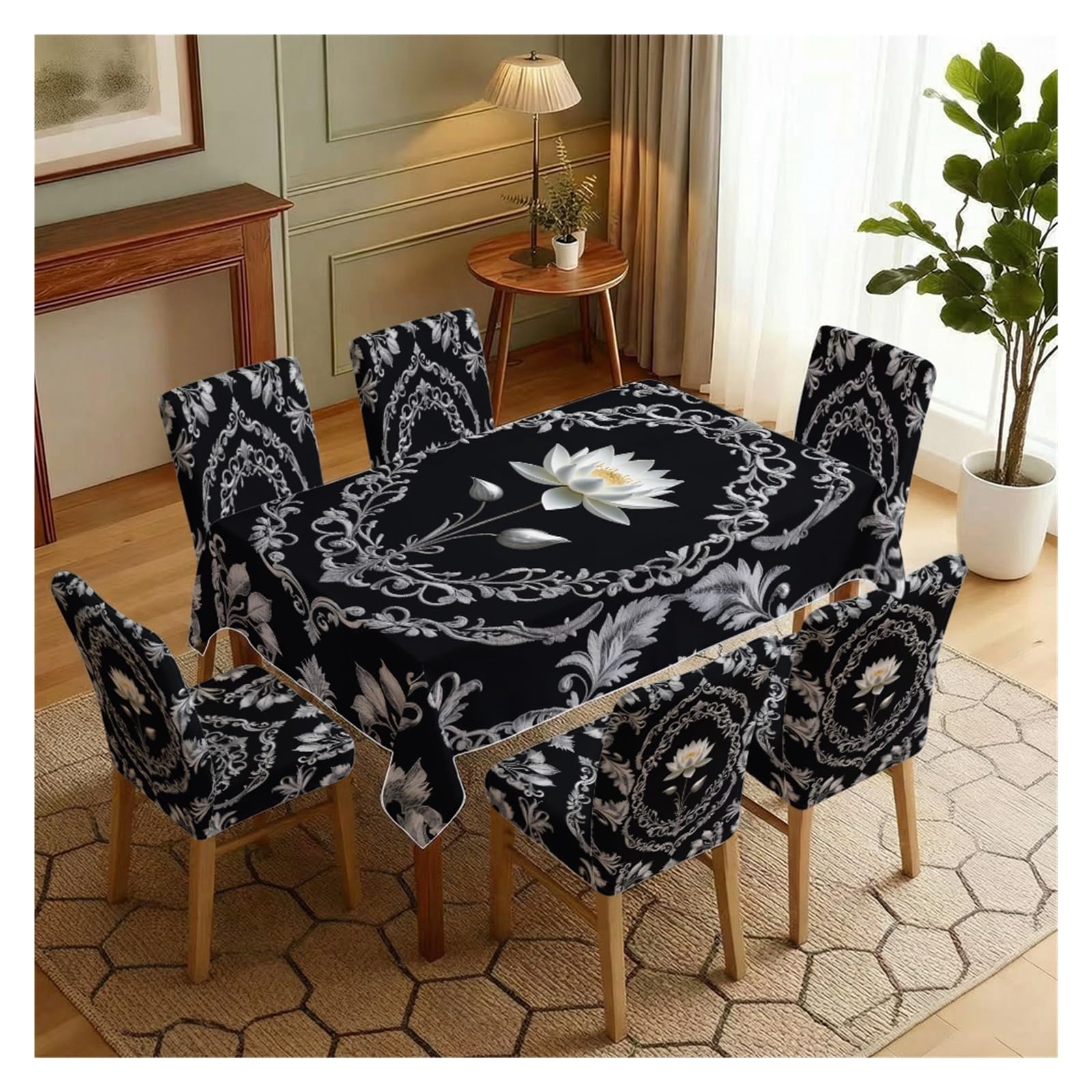 BOSUYBN Baroque Lotus Dining Tablecloth & Chair Cover Set, 5/7 Piece Black Base Silver Ornate Pattern Slipcovers For Elegant Home Table Setting(7pcs Set: Tablecloth+Chair Covers)