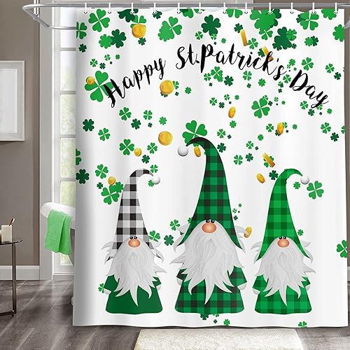 Miniatura 8 de MERCHR Cortina de ducha del día de San Patricio, trébol verde, hoja de trébol, diseño de elfo irlandés, gnomo irlandés, tela decorativa a cuadros de