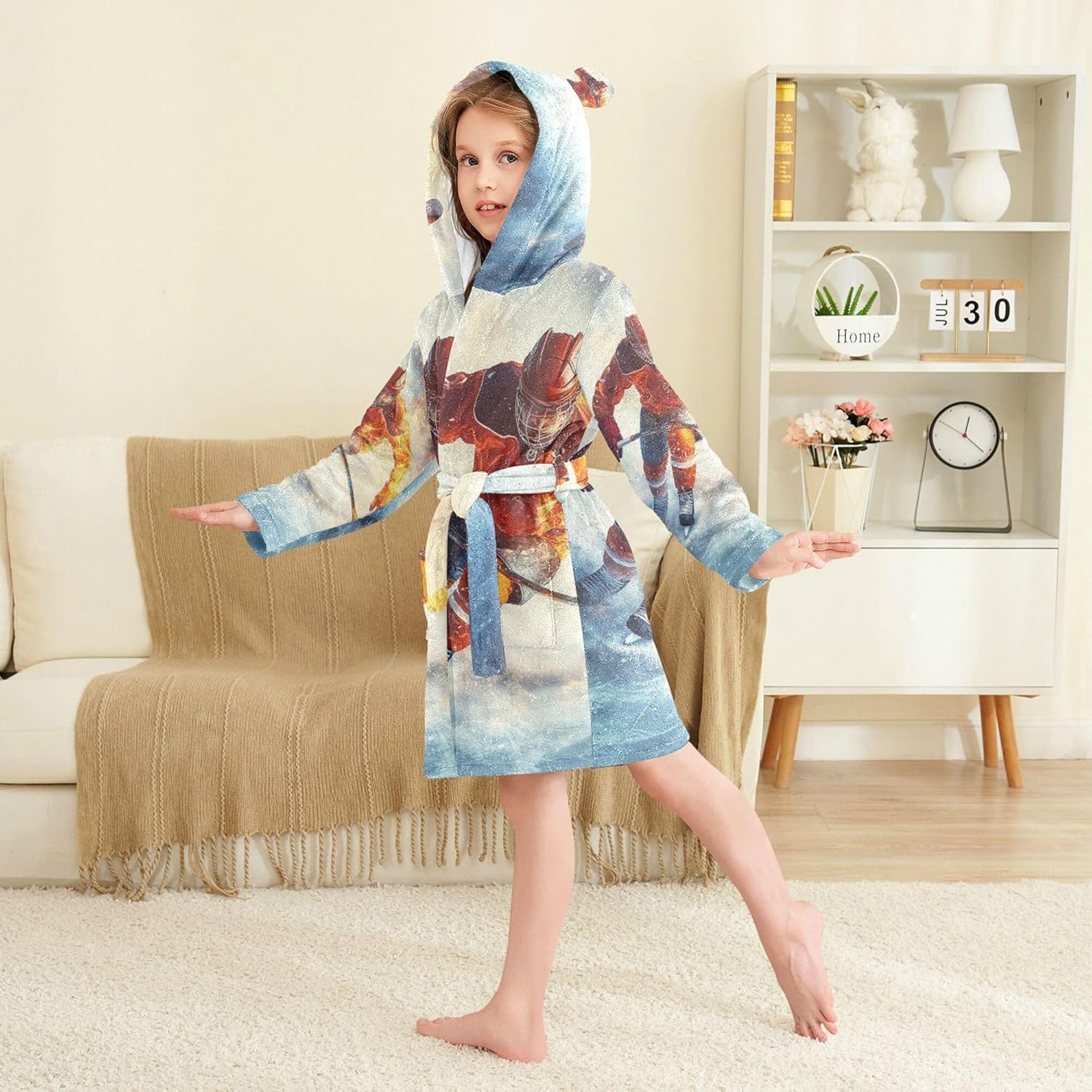 Ice Hockey Player Sports Bathrobe Hooded PJ Robe Soft Fleece Robe Pajama Sleepwears 2-12 Years