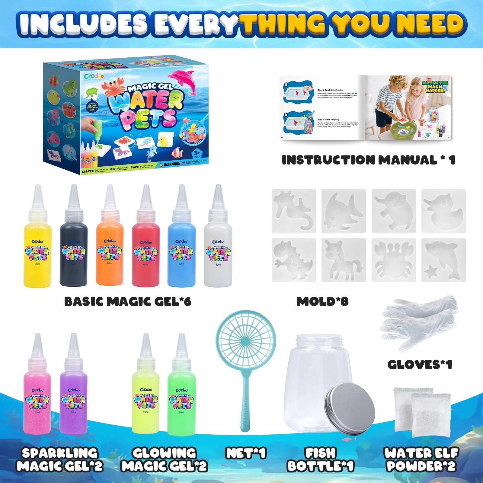 Magic Water Elf Toy Craft Kits for Kids, DIY Your Own Aqua Fairy Water Pets & Squishy Maker Toys with 10 Magic Gels and 8 Molds, Art Supplies Arts and Crafts for Kids Boys and Girls Ages 4-8 6-8