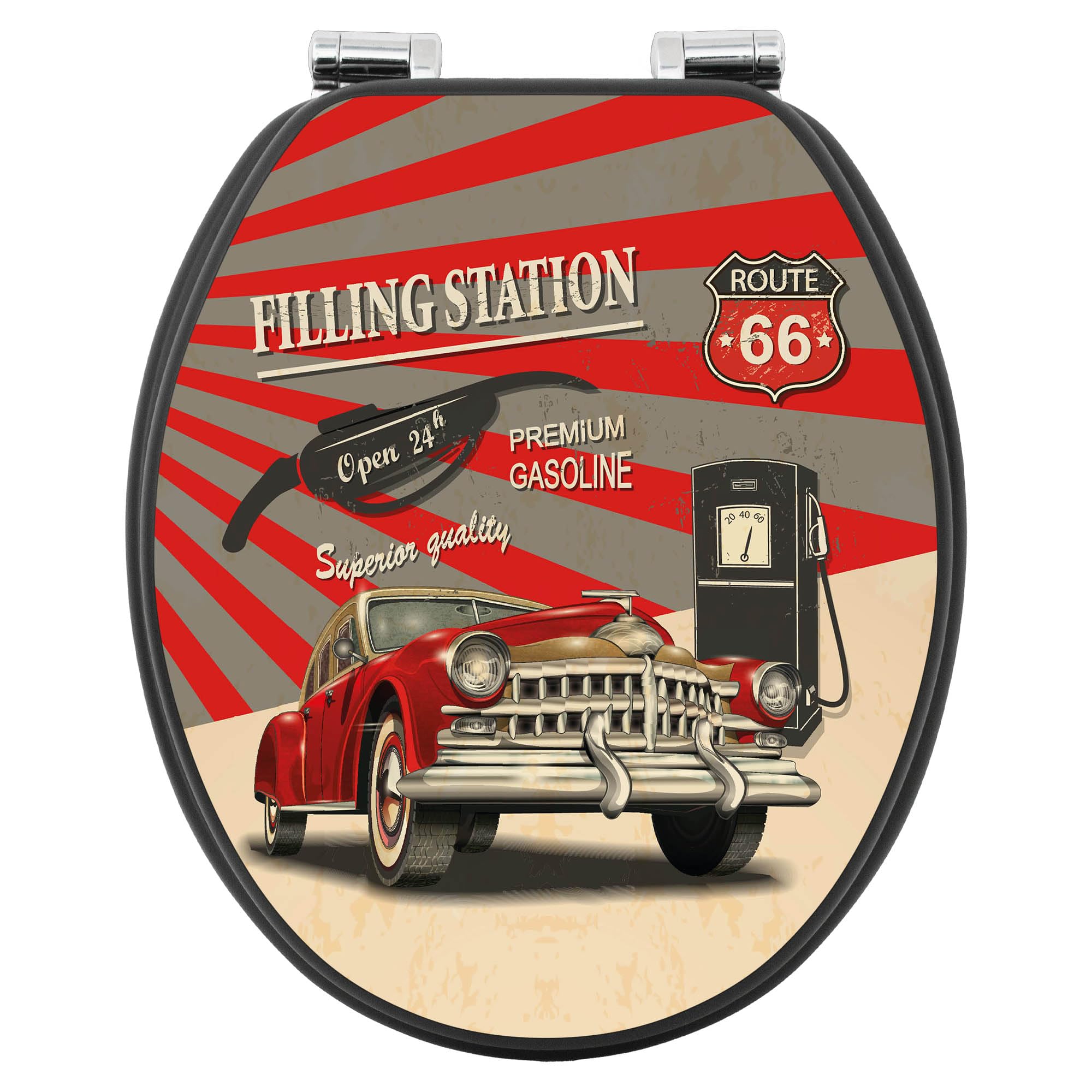 banjado WC Sitz Fahrzeuge - Absenkautomatik leise - 38 x 46,5cm O-Form - MDF Holz Toilettendeckel anthrazit - Klositz grau pflegeleicht - SoftClose - Motiv Filling Station