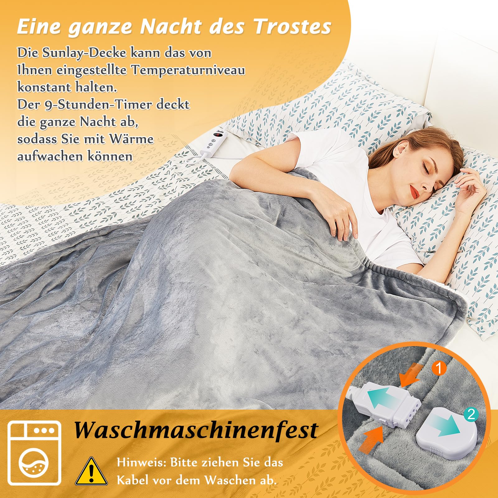 Heizdecke mit Abschaltautomatik, 130x160cm, 10 Heizstufen Up-to-9 Stunden Auto-Off-Timer Überhitzungsschutz, Elektrische Wärmedecke Bett Wärme Decke, Grau