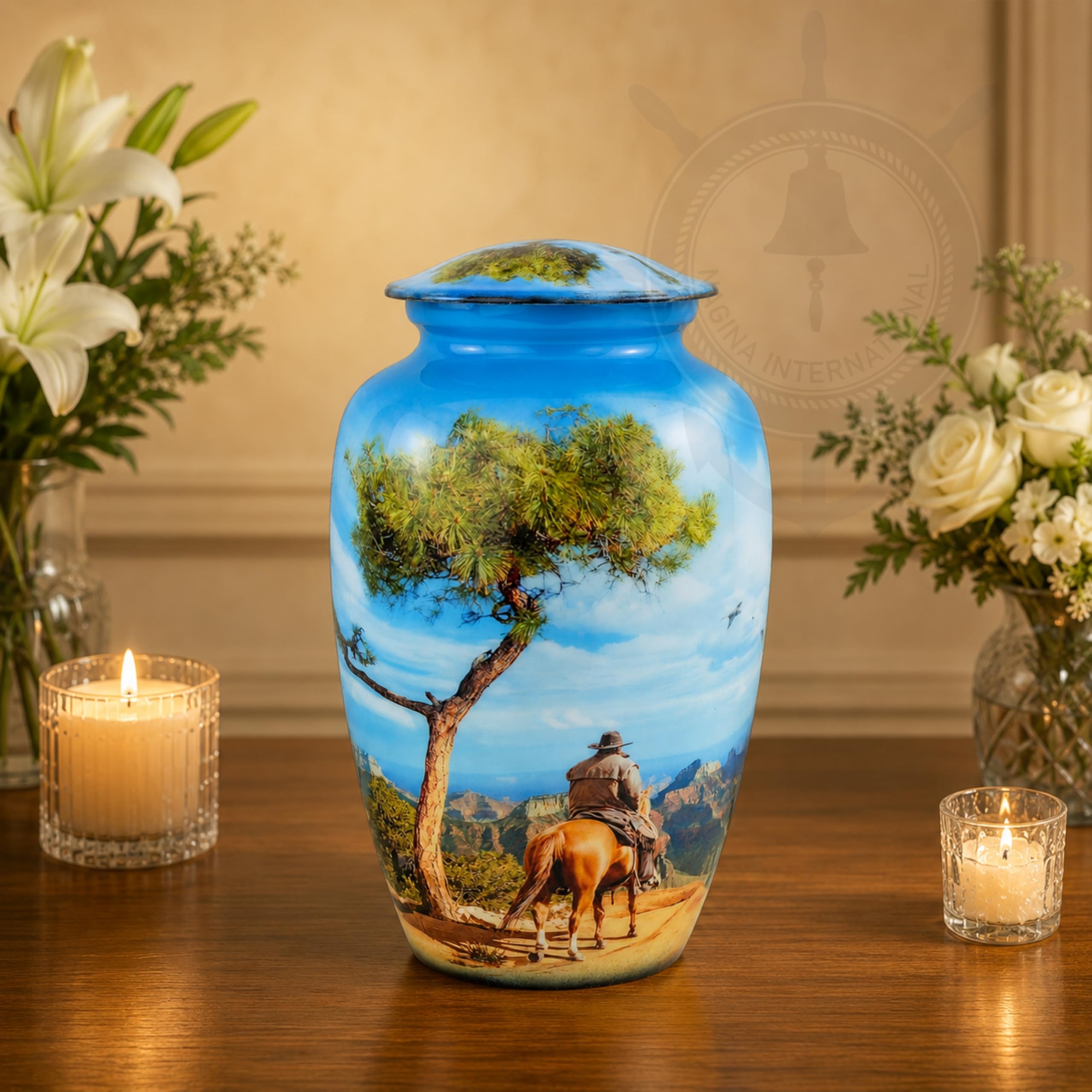 Photo 1 of 10" Large Metal Classic Cremation Beautiful Printed Urns | Cremation Ash Remains Storage Funerary Urn | Adult Human & Pet Loss Urns (Western Cowboy Blue)
