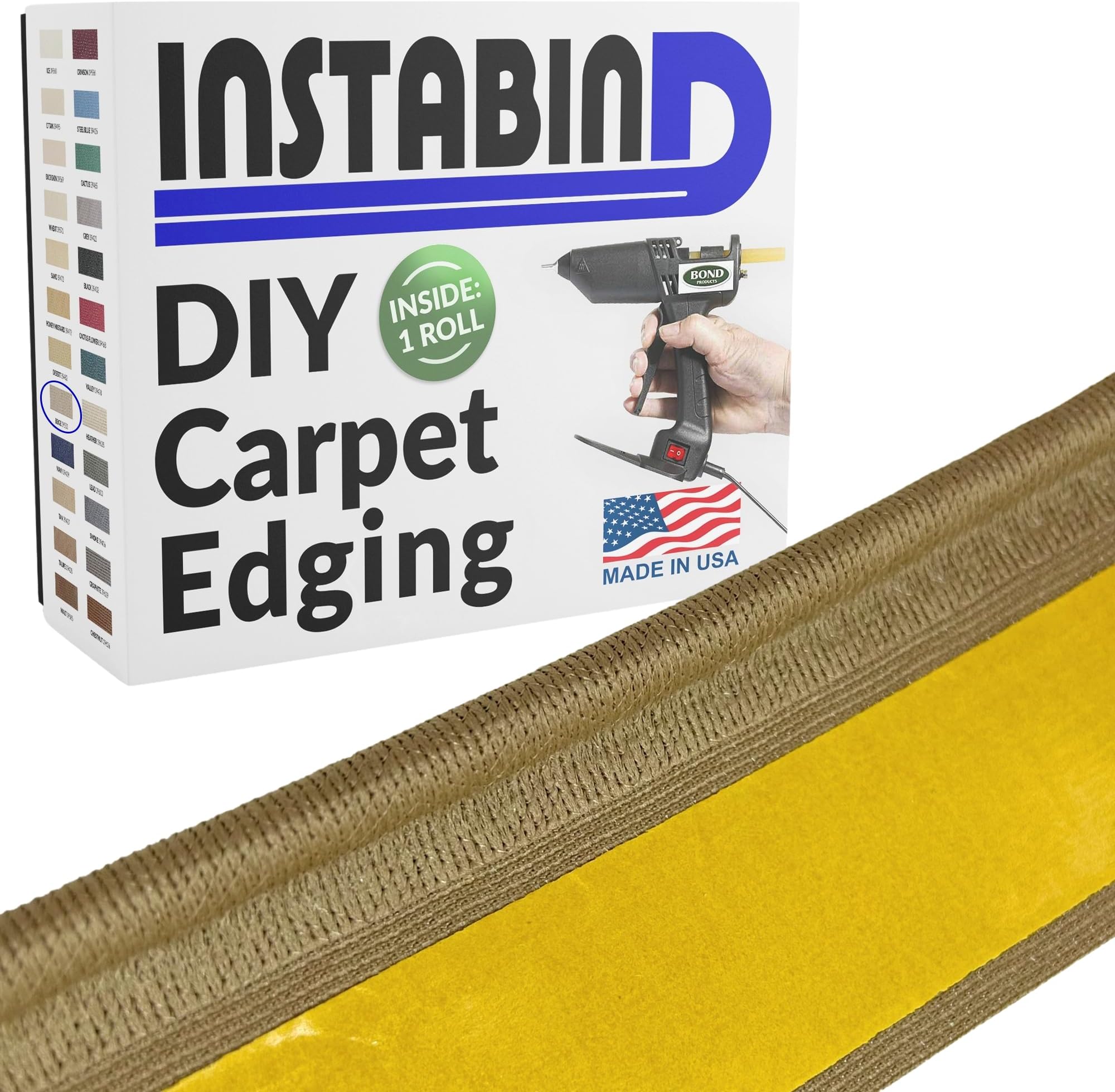 Instabind 54 ft Roll Premium Carpet Edge Binding – Regular Style Carpet Edge Trim for Do-It-Yourself Rug Edging- with Durable Hold & Easy Finishing for Rug Edges - USA Made Flooring Products, Beige
