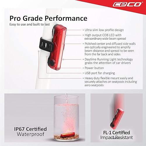Miniatura 4 de CECO -Estados Unidos: Luz trasera de bicicleta recargable USB de 60 lúmenes - Super Wide & Bright Modelo TC60 Luz trasera de bicicleta - IP67