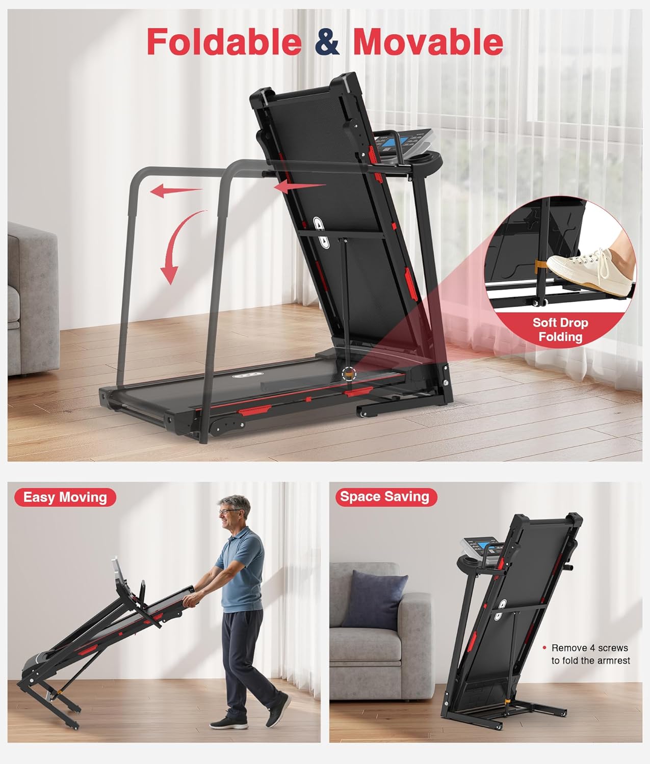 Redliro Walking Treadmill for Seniors Foldable - 400 Lb Capacity Senior Treadmill with Front & Long Handrails, 0%-2% Incline Home Recovery Fitness Exercise Machine for Elder, 47.6” Long Belt
