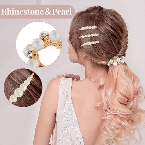 Miniatura 6 de Tigeen Juego de 23 piezas de accesorios para el cabello con perlas, 6 ligas elásticas para el cabello con perlas elásticas, 17 piezas de pinzas para