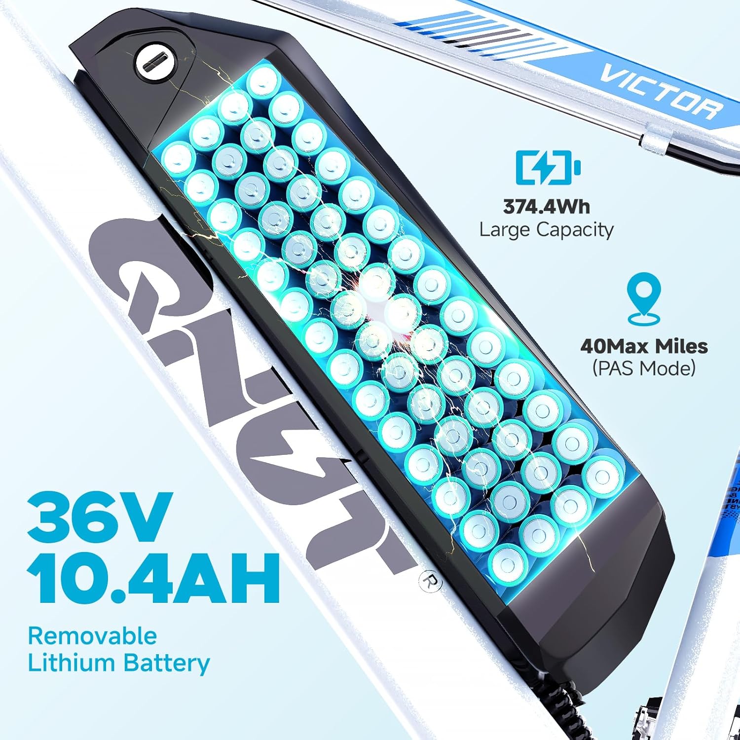 Close-up of the QNUT Victor e-bike's 36V 10.4Ah removable lithium battery, showing its internal cells and 374.4Wh capacity.