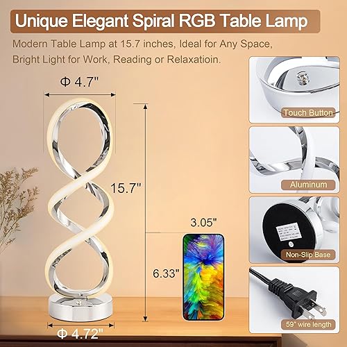 Miniatura 8 de Moderna lámpara de mesa RGB en espiral, lámpara de noche regulable táctil, 7 colores, 10 modos de luz, lámpara de mesa de diseño en espiral, lámpara