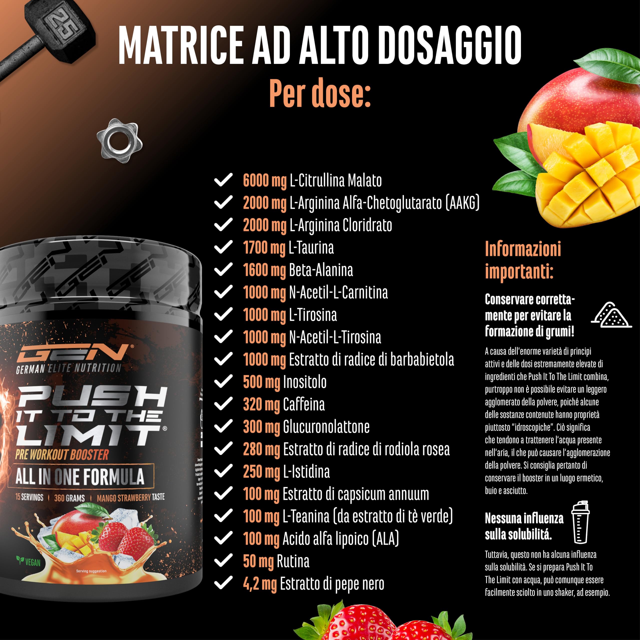 Push it to the Limit - Pre-Allenamento con L-Arginina + Citrullina + L-Tirosina + L-Teanina + L-Carnitina + AAKG + Taurina + Radice di Rosa Rhodiola + Caffeina - Dose elevata - 360 g - Mango Fragola
