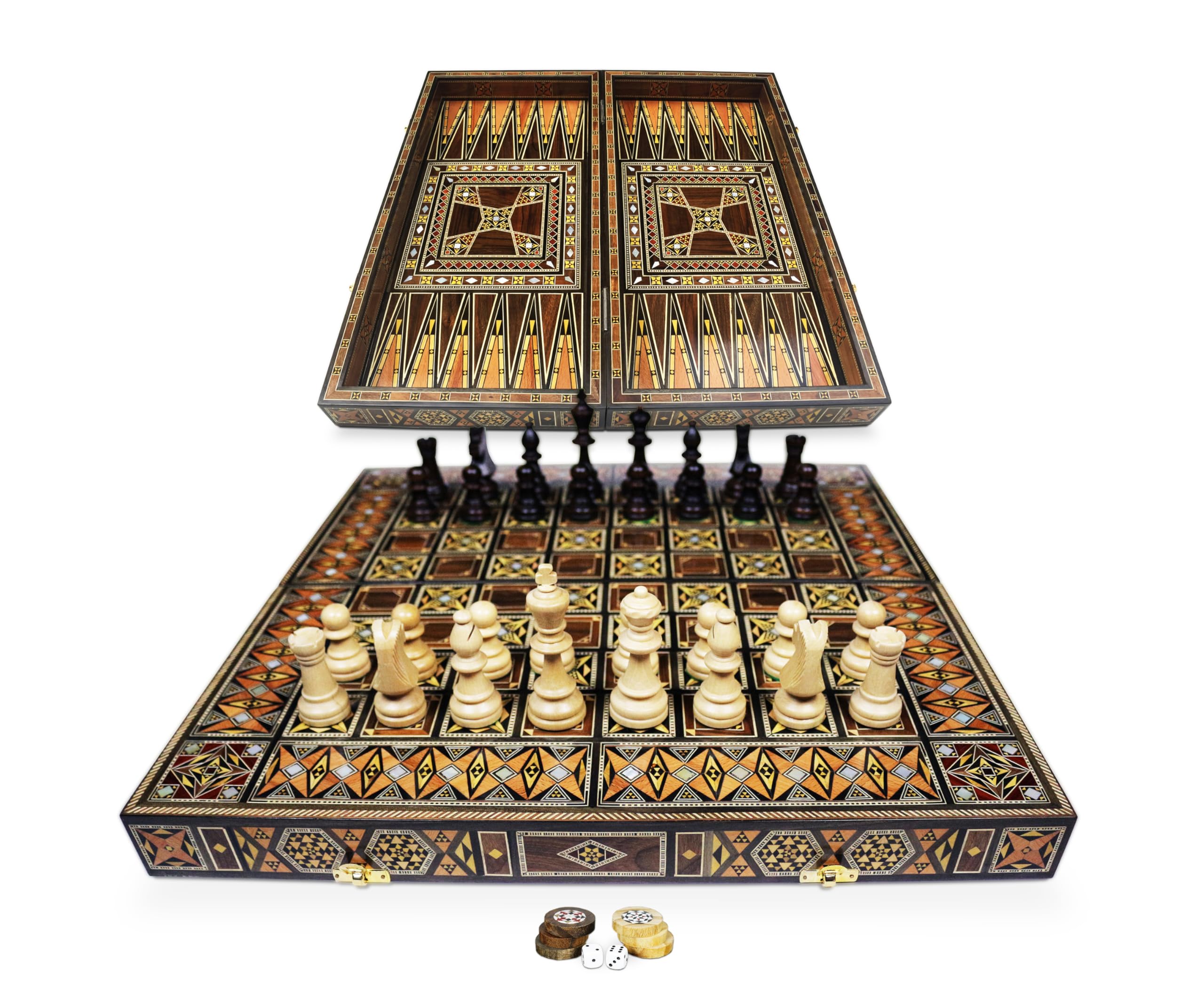 Nuovo 50 x 50 cm in legno Backgammon Tavla/Gioco di scacchi/DAMA,Tavla,Original intarsien Artigianato fatto a mano, Brett BK 50 con 30 pietre di backgammon in legno e con personaggi di scacchi da 97