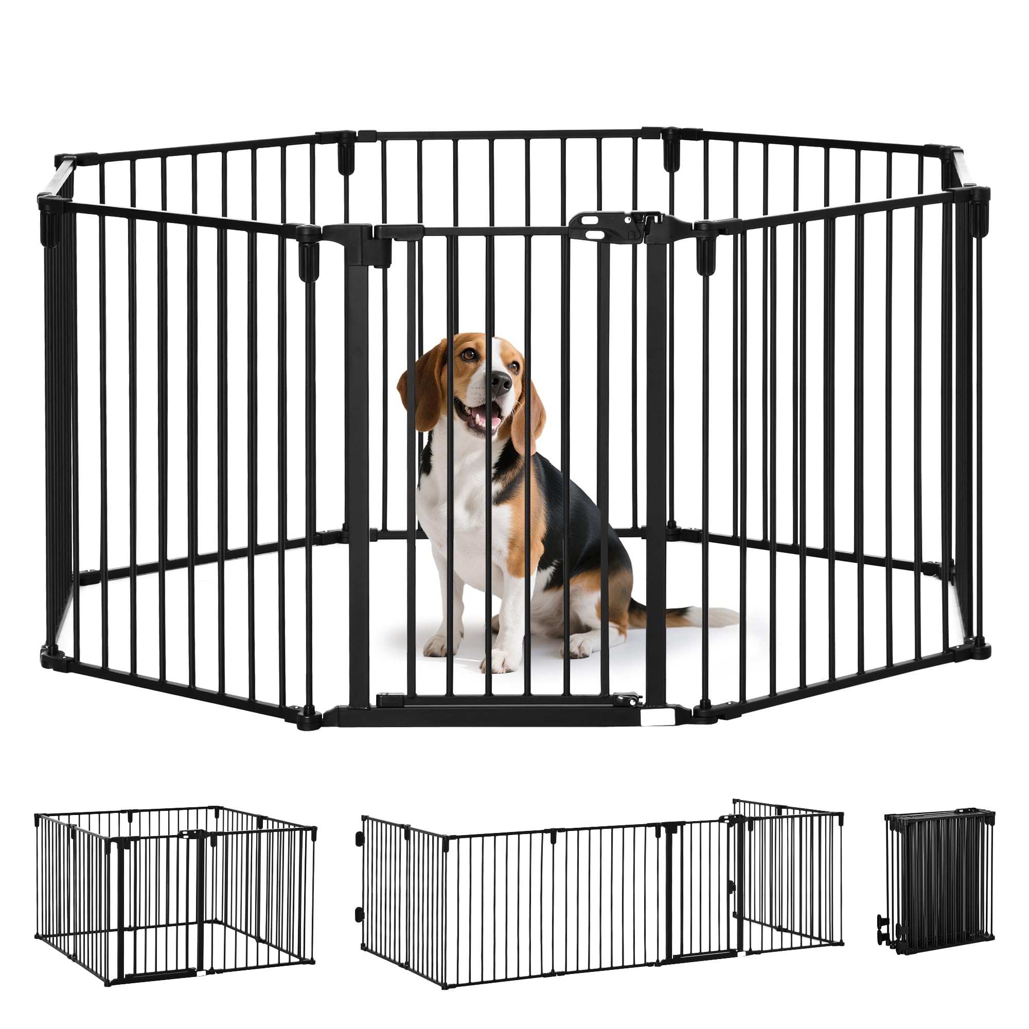 PawHut Cancelletto di Sicurezza Pieghevole 8 Sezioni, Cancellino Barriera per Cani in Acciaio, Sistema di Blocco e Chiusura Automatica, Nero