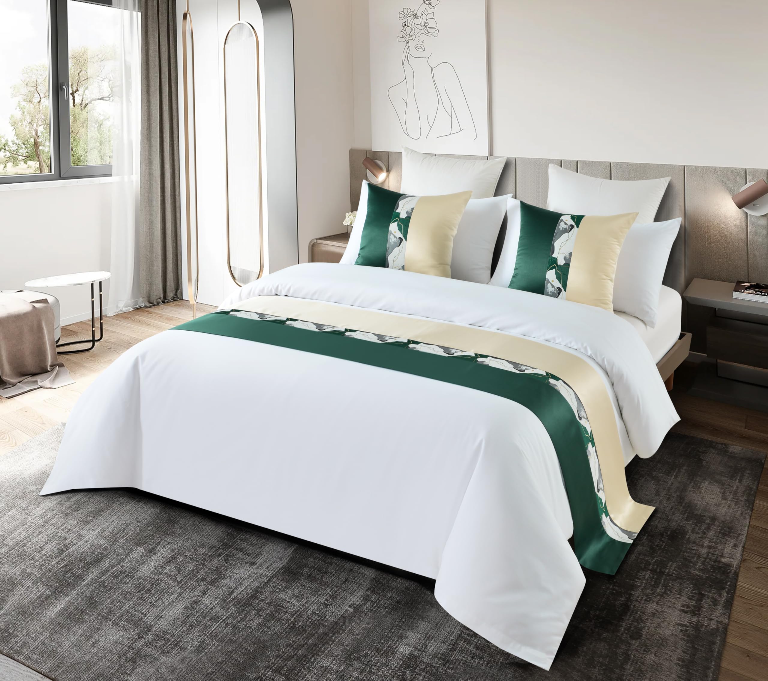 Eseriallen Luxury Hotel Grade Bed Runner Green pattern 210X50cm for 1.5m Bed Elegant comfortable Fabric with Matching Cushions Wrinkle-Free and Premium Finish