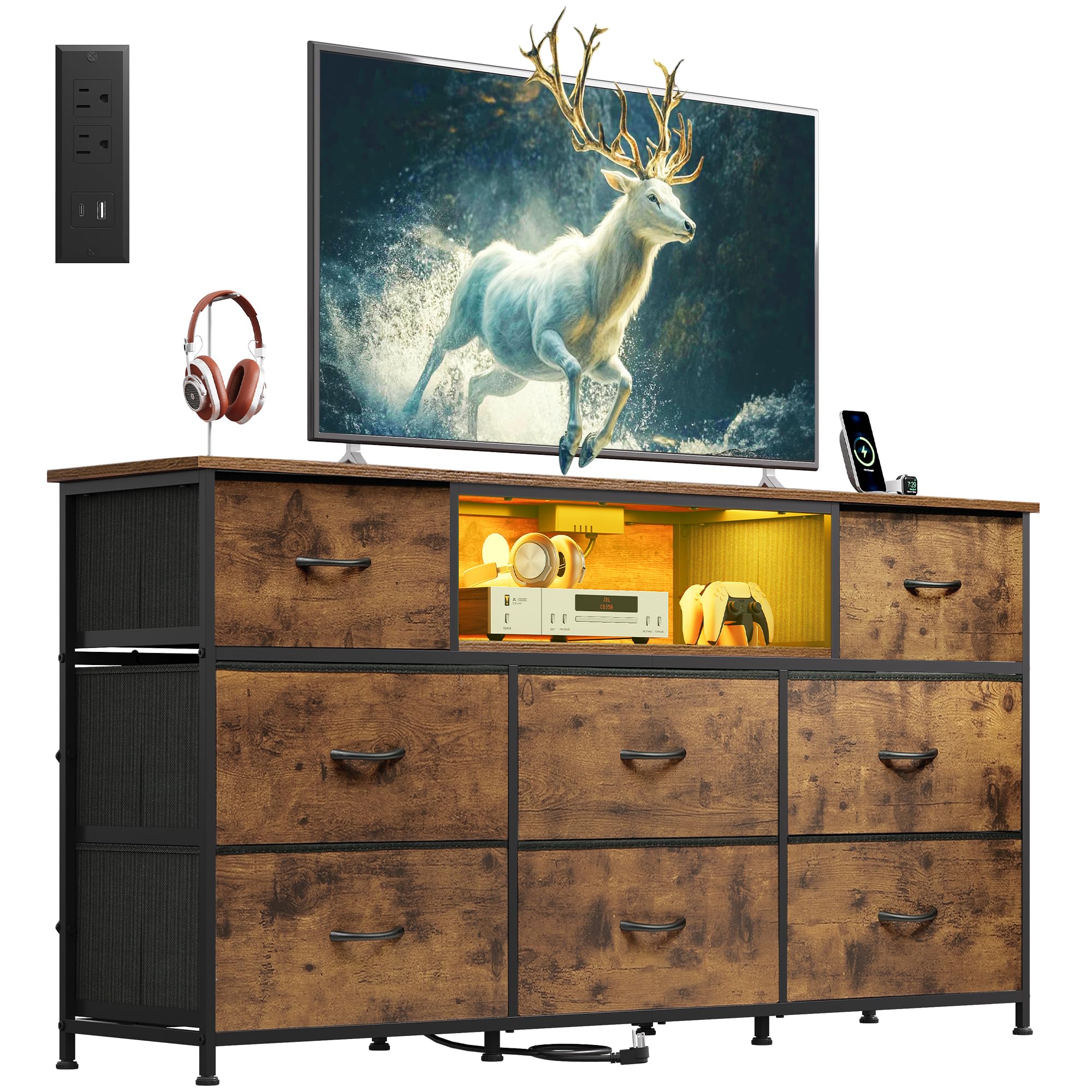 WLIVE Dresser TV Stand for 50, 55, 65 inch TV, Entertainment Center with LED Lights & Charging Station, Chest of Drawers with 8 Fabric Drawers and Open Shelves for Living Room, Hallway, Rustic Brown
