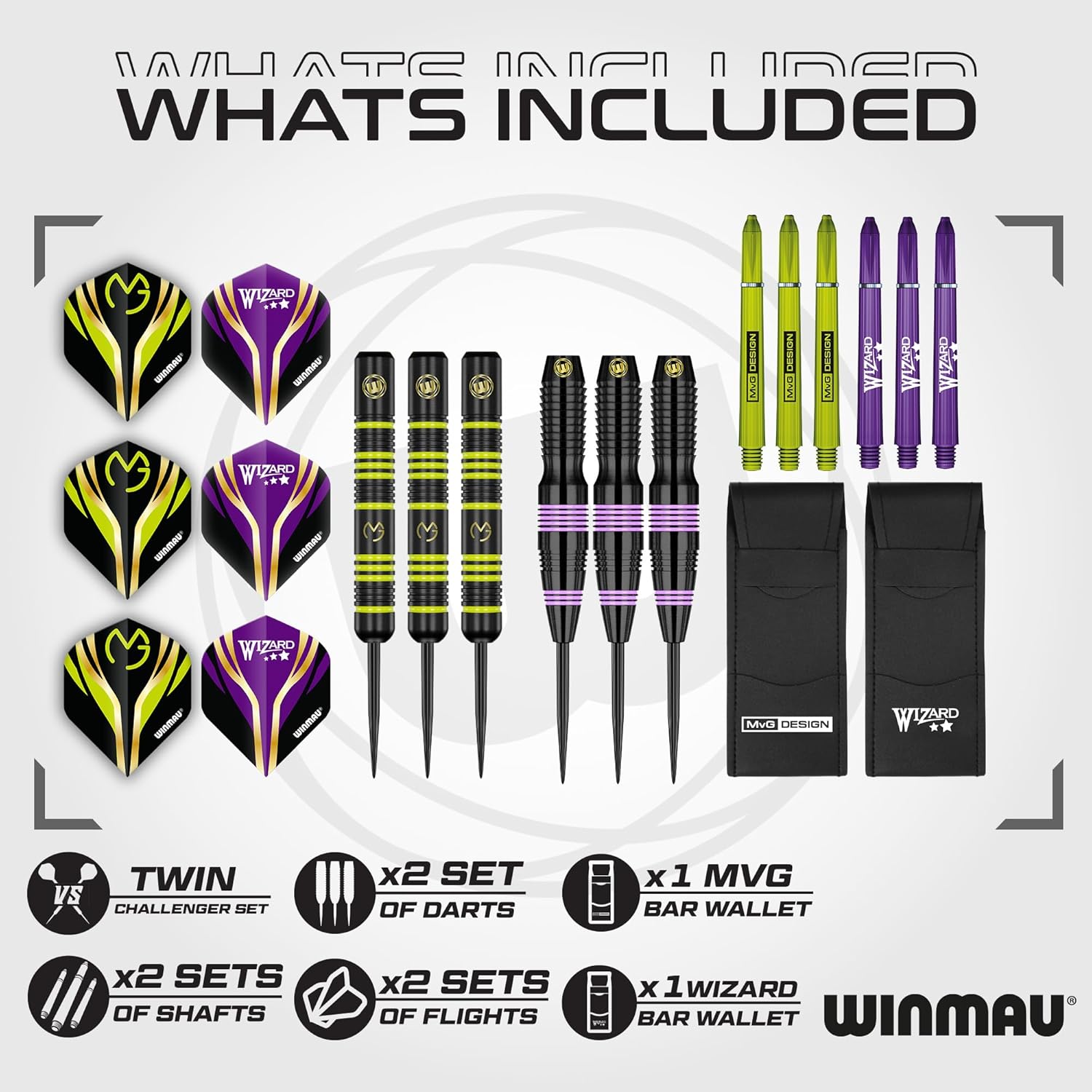 Winmau Darts Michael 'MvG' Van Gerwen Vs Simon 'The Wizard' Whitlock | Twin Set | 22g Steeltip Brass Darts Set with Flights and Shafts (Stems)