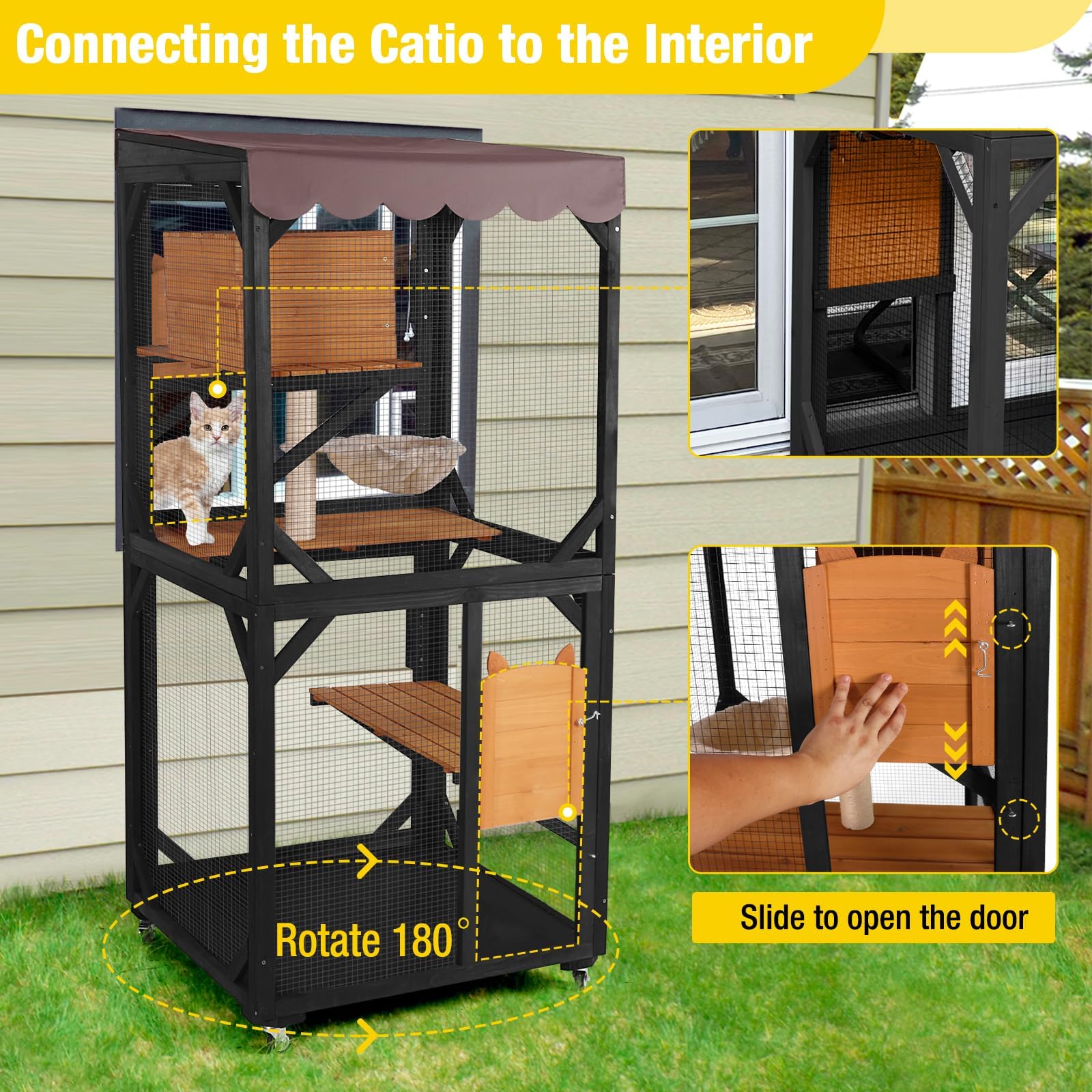 X-ZONE PET Katzengehege für den Außenbereich auf Rädern, Katzenhaus für drinnen und draußen mit Katzenbett, Kratzbaum, Sprungplattformen, wasserdichtes Dach (Braun) 80 cm / L x 80 cm / B x 182,5 cm