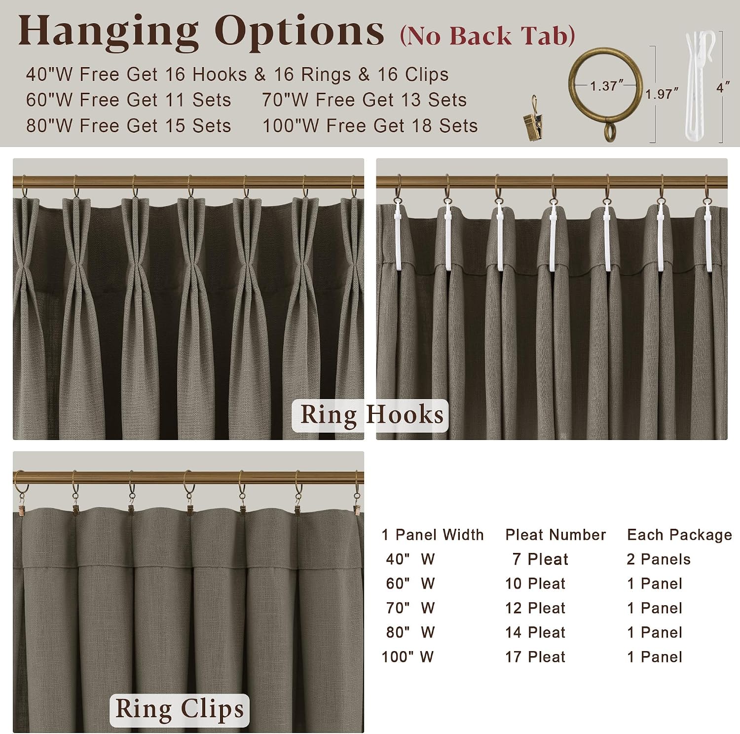 Oak Dim Gray Pinch Pleated Linen Curtains 84 Inch Length 2 Panels for Living Room Bedroom Semi Sheer Window Drapes Light Filtering Tan Brown Boho Farmhouse Pinch Pleat Curtain 84 Inches thumbnail