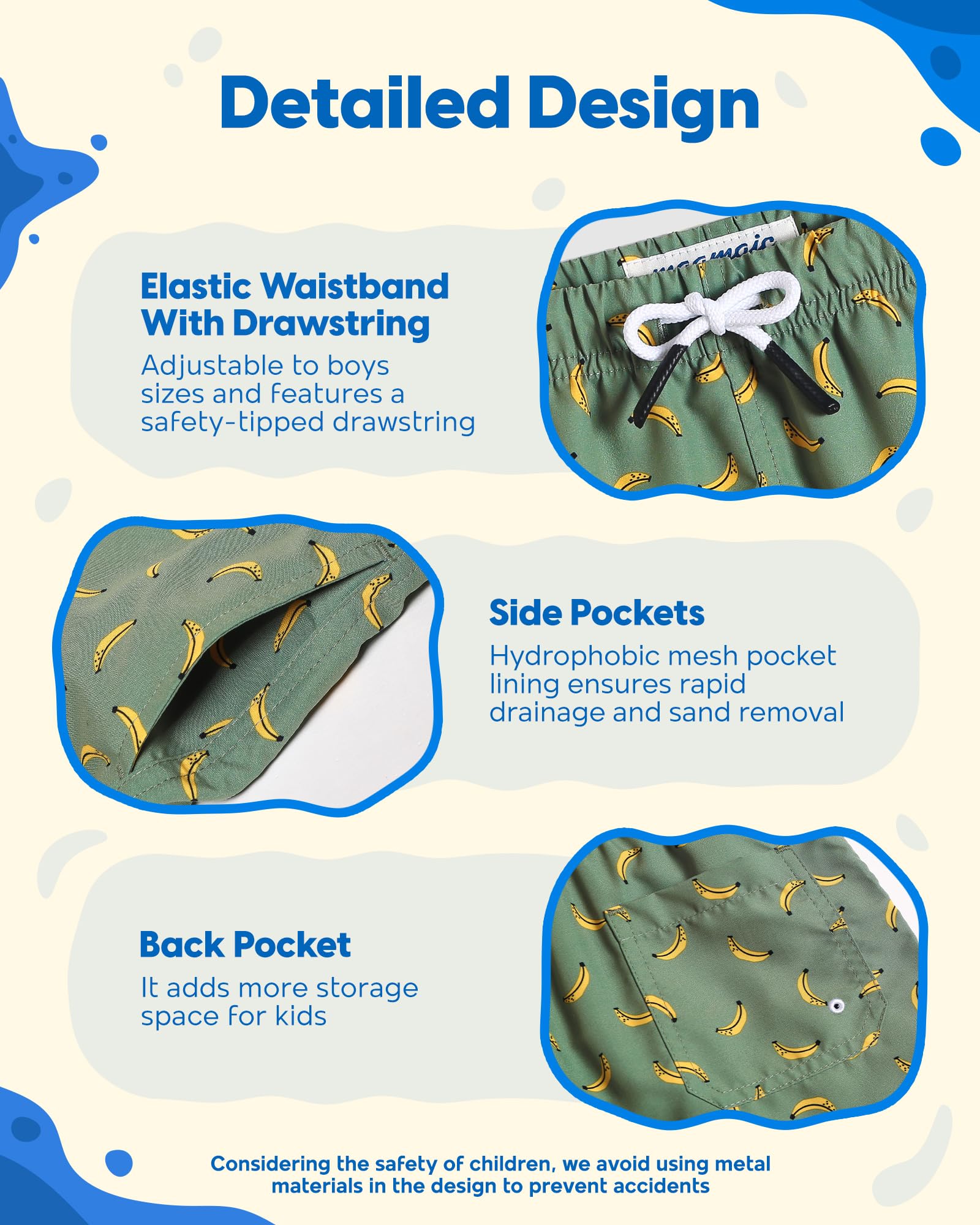 MaaMgic Pantaloncini da bagno per bambini, ad asciugatura rapida, con fodera in rete, tasche e coulisse regolabile