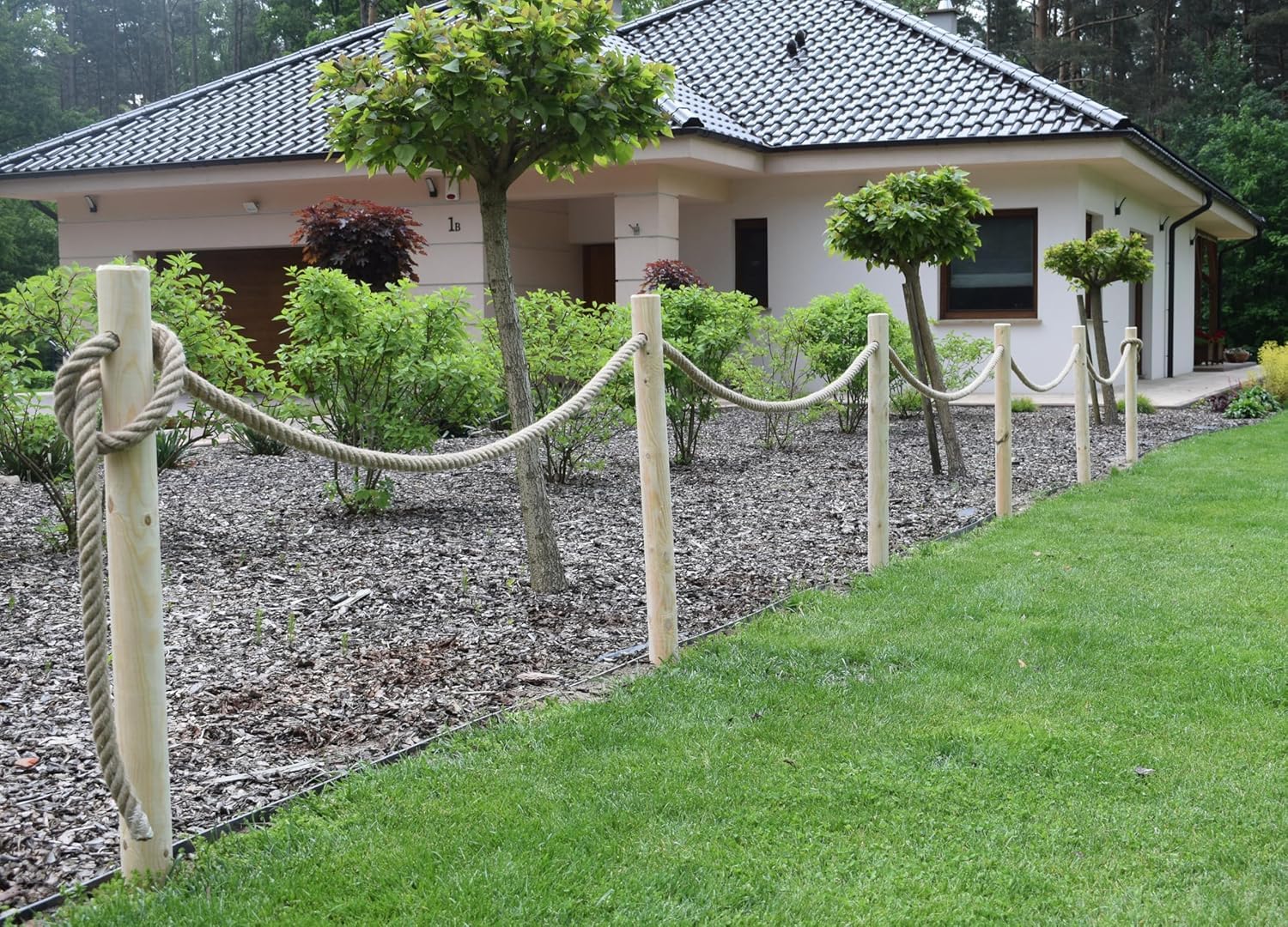 Recinzione In Legno 6 Pali Ø8x80 cm Con Corda In Juta 12m Staccionata Da Giardino Pannelli Recinzione Legno Non Trattato
