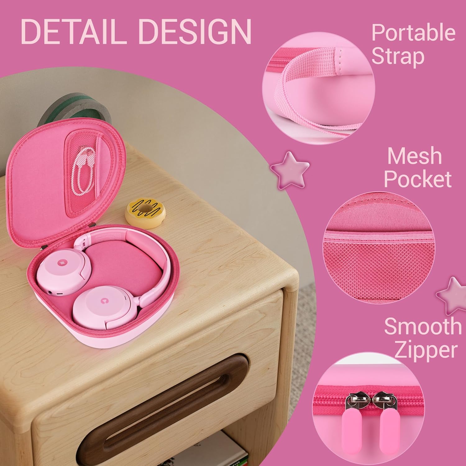 Portable Headphone Case for ICLEVER BTH 20, Travel Carrying Pink Hard EVA Over Ear Headphone Case with Mesh Pocket Storage Cable - Image 6