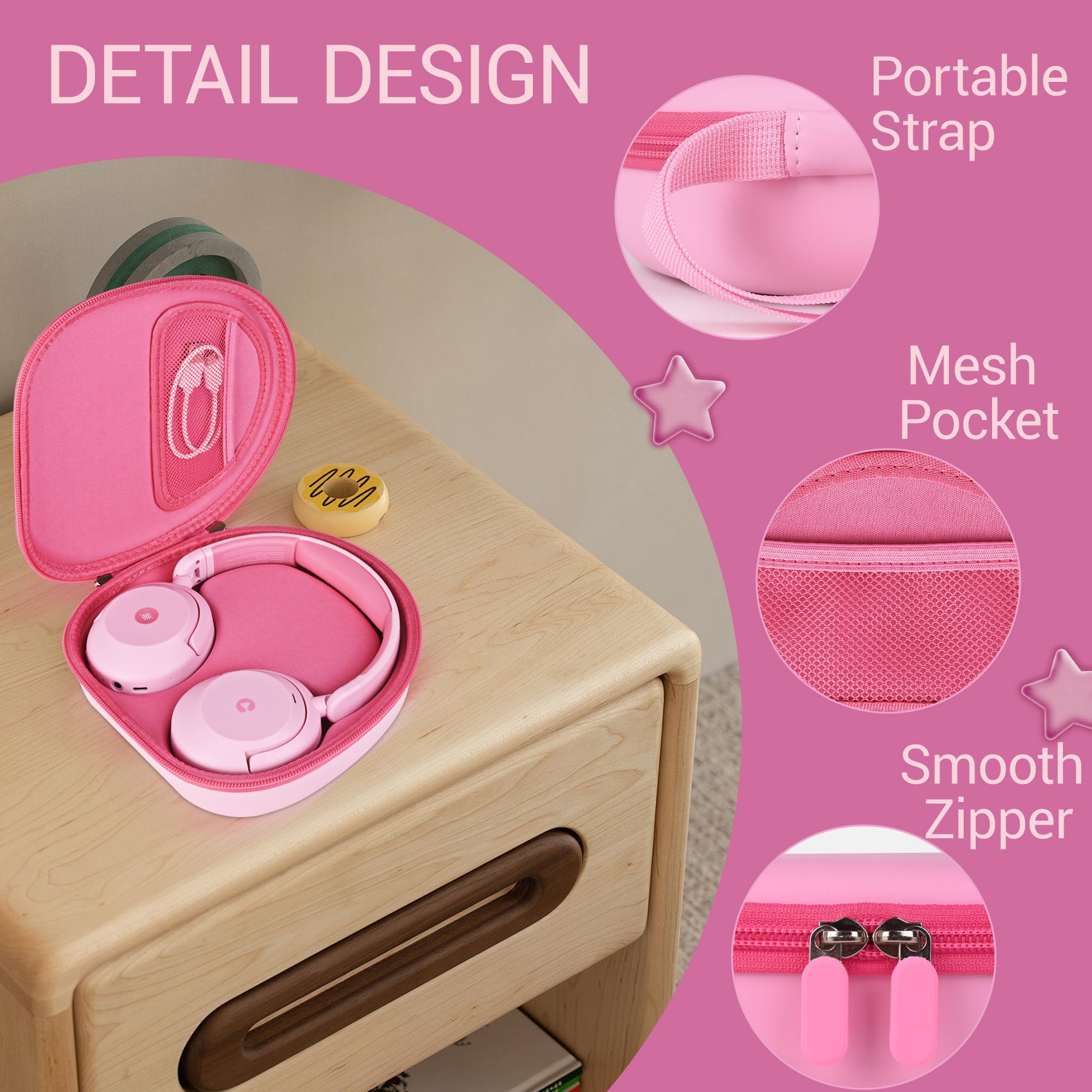 Funda portátil para auriculares ICLEVER BTH 20, funda rígida de EVA rosa con cable de almacenamiento de bolsillo de malla