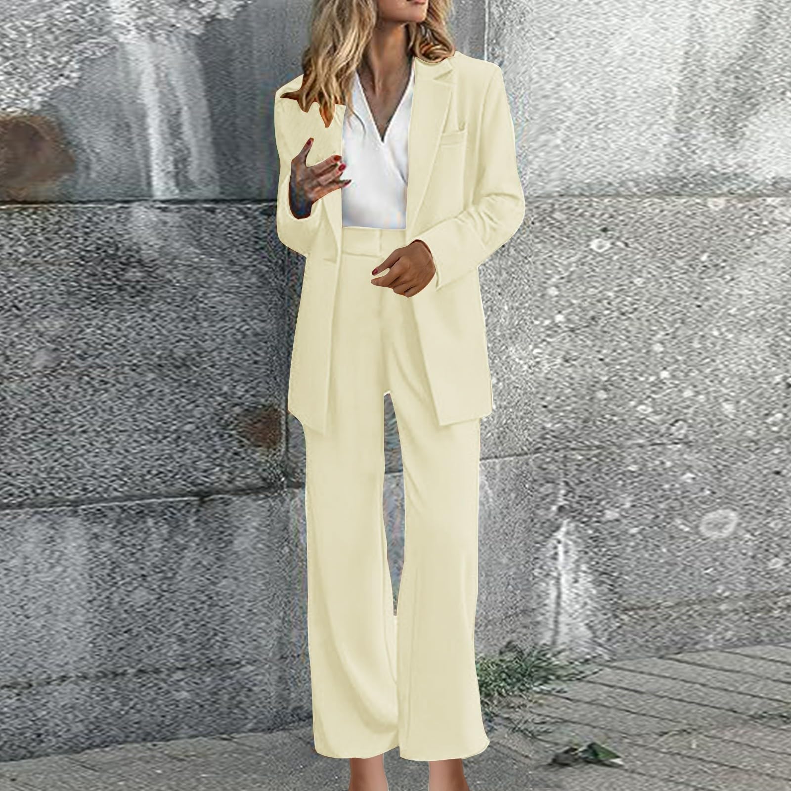 Traje de 2 piezas para mujer, elegante, casual, manga larga, solapa con muescas, chaqueta de pierna ancha, elegante, formal, para oficina, trabajo, oficina, boda, fiesta, trajes