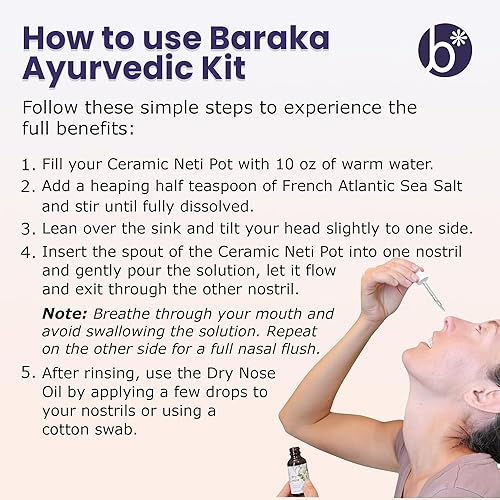 Miniatura 4 de Baraka Kit de cuidado ayurvédico sinusal, olla Neti de cerámica (púrpura), perfecto para alivio sinusal. (1 onza) aceites esenciales de alta calidad