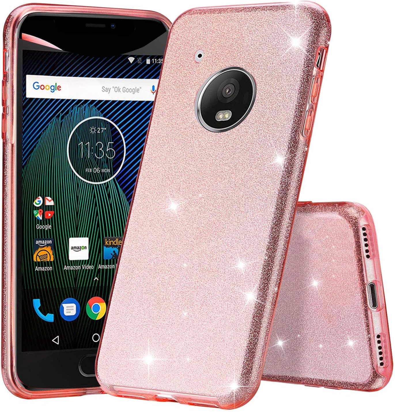 Moto G5 Plus Case, Tsjwee Glitter Slim Bling Crystal Clear 3 Layer Hybrid Protective Case Anti-Scratches Cover for Motorola G5 Plus -Pink