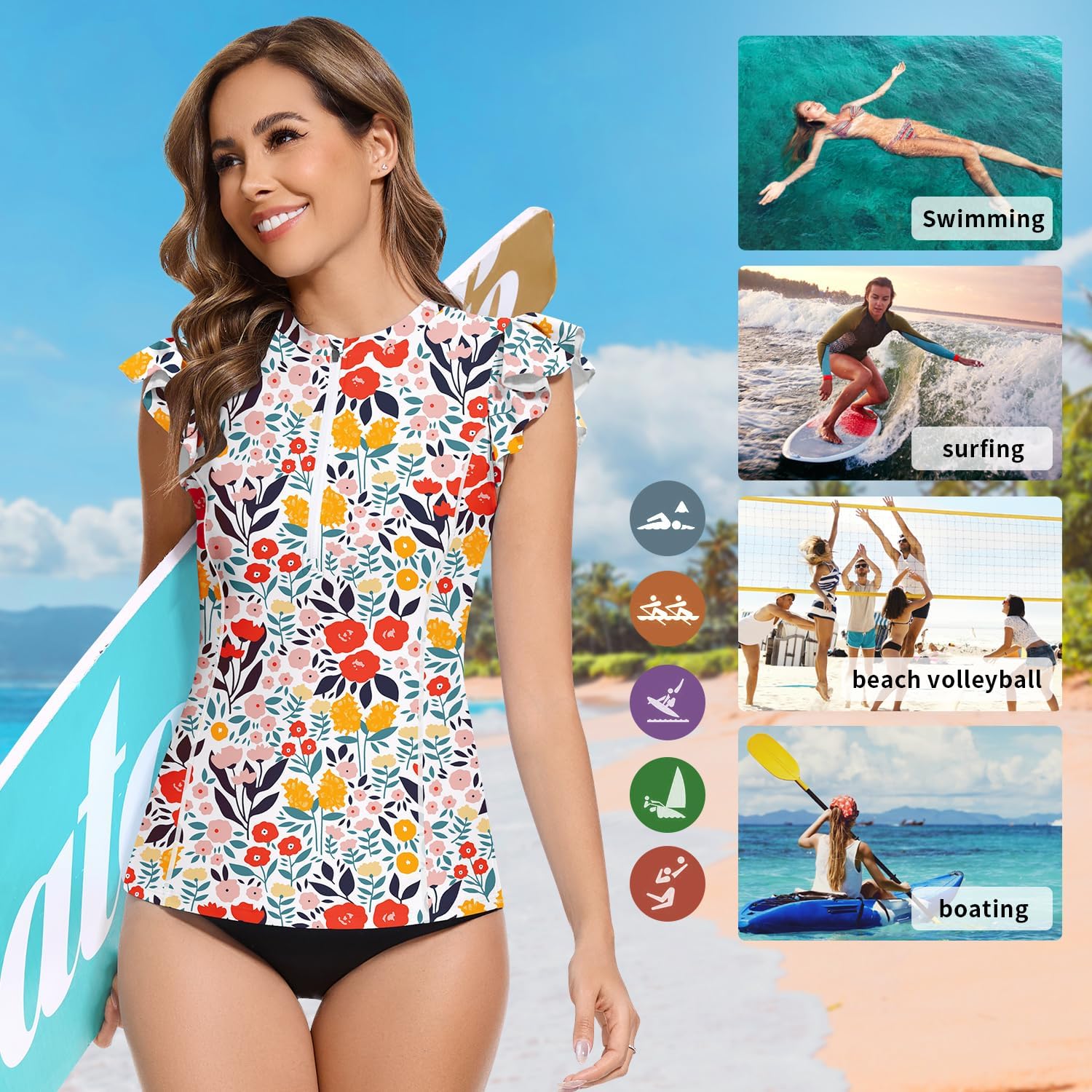 WOWENY Women’s Swim Shirts Rash Guard UPF 50 Sun Protection Zipper Tankini Tops Ruffle Sleeve Bathing Suit No Bottom