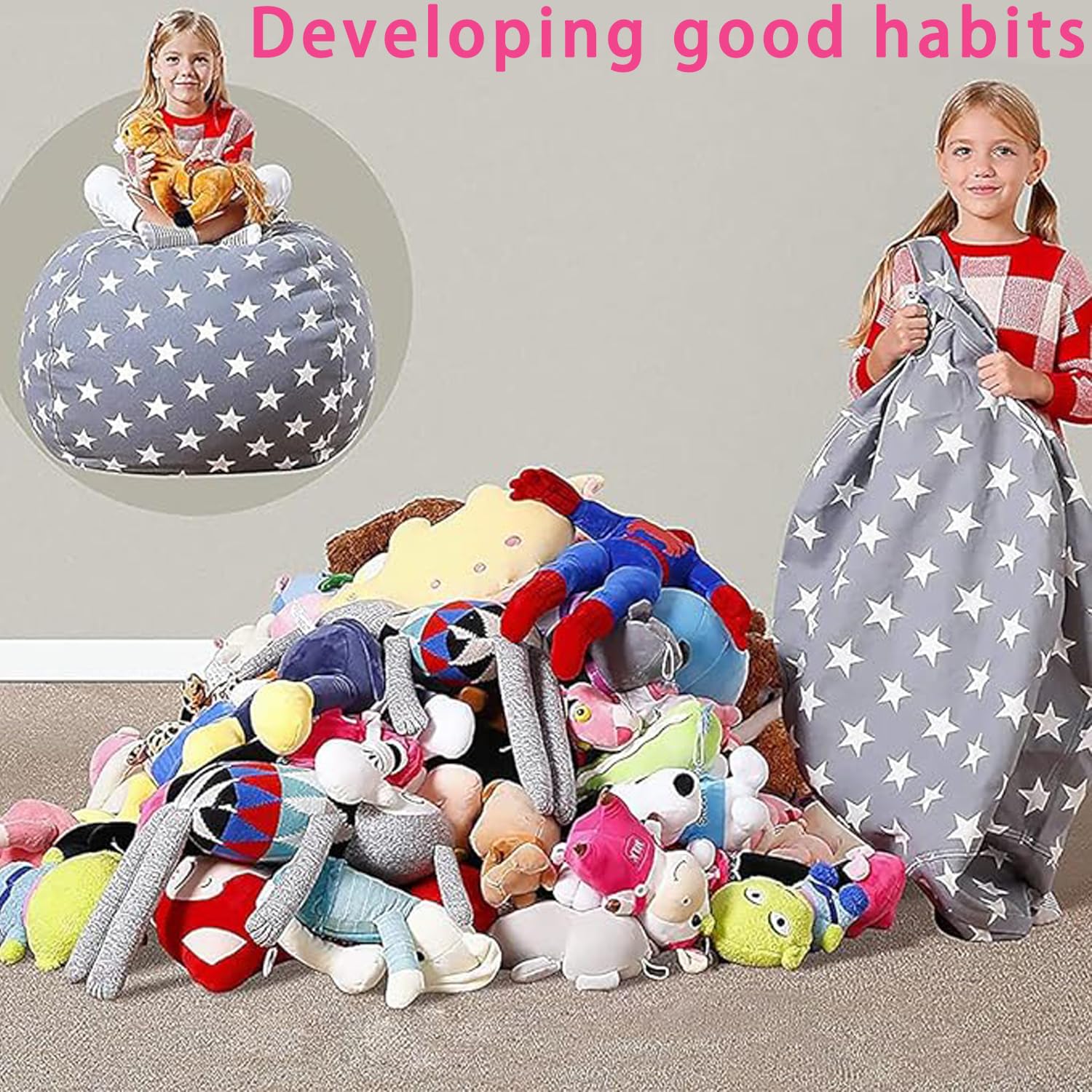 Bolsa Almacenamiento Juguetes Felpa, Lona Bolsa De Frijoles Rellenable, Niños Beanbag Sofá Con Cremallera, Puffs Plegable Para Niños, Puf de Peluche, para Organizar Juguetes, Ropa (24 Pulgadas) (24)