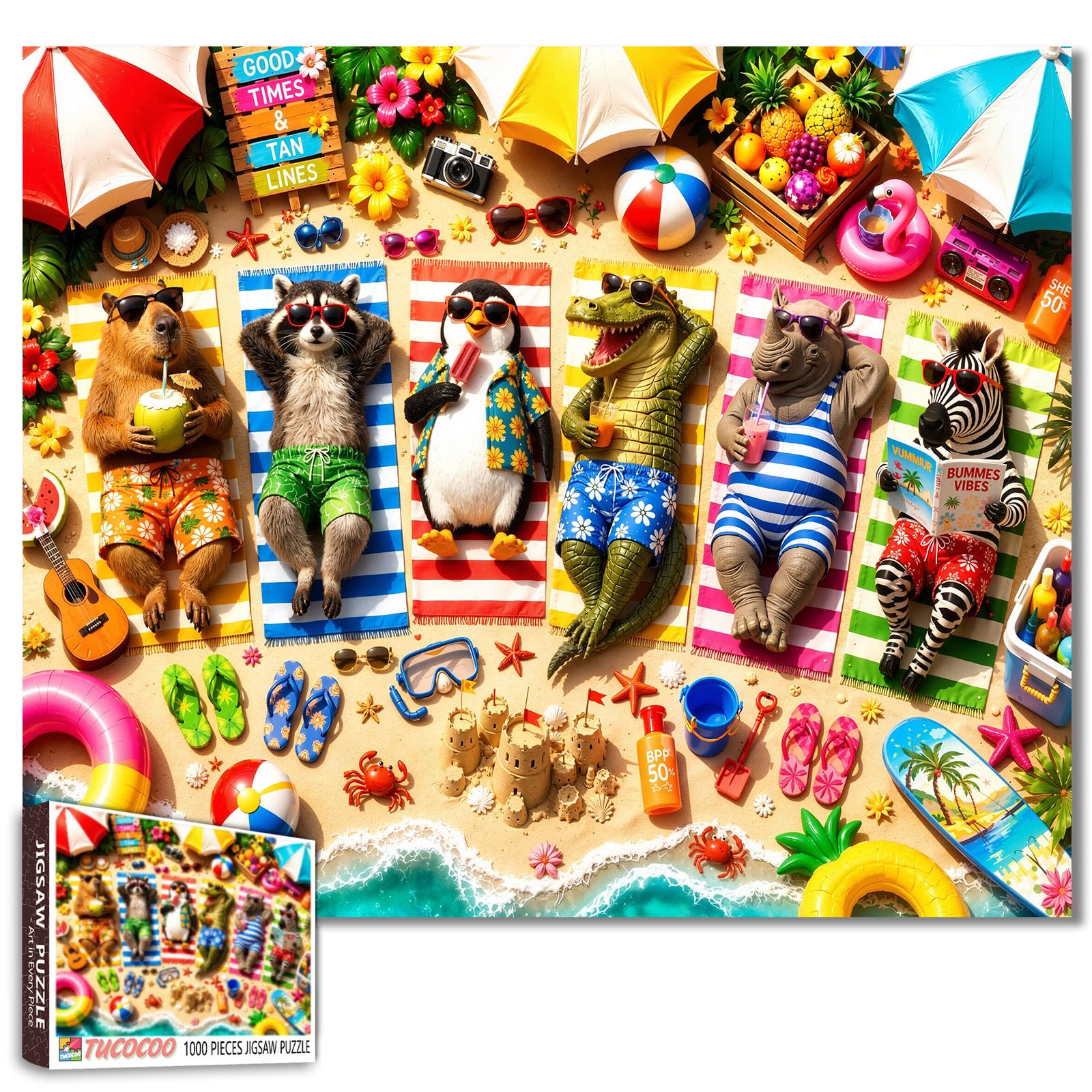 Funny animal Jigsaw Puzzles for Adults 1000 Pieces Friend Scene DIY Puzzles for Family Activity Gamessummer vacation scene Art Jigsaw Puzzles Home Wall Decor Craft Gifts 19.7 x 27.6 Inch