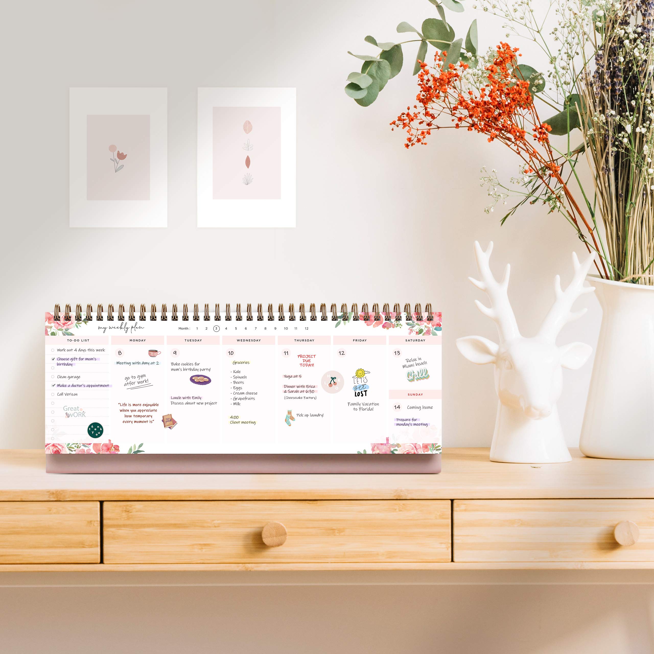 Belle Fleur Non-Dated Spiral Weekly Desk Calendar Planner, 60 Week Inspirational to Do List Pad Desktop Stand, 3.75" x 10.5", La Lune Collection by Bright Day - Image 4