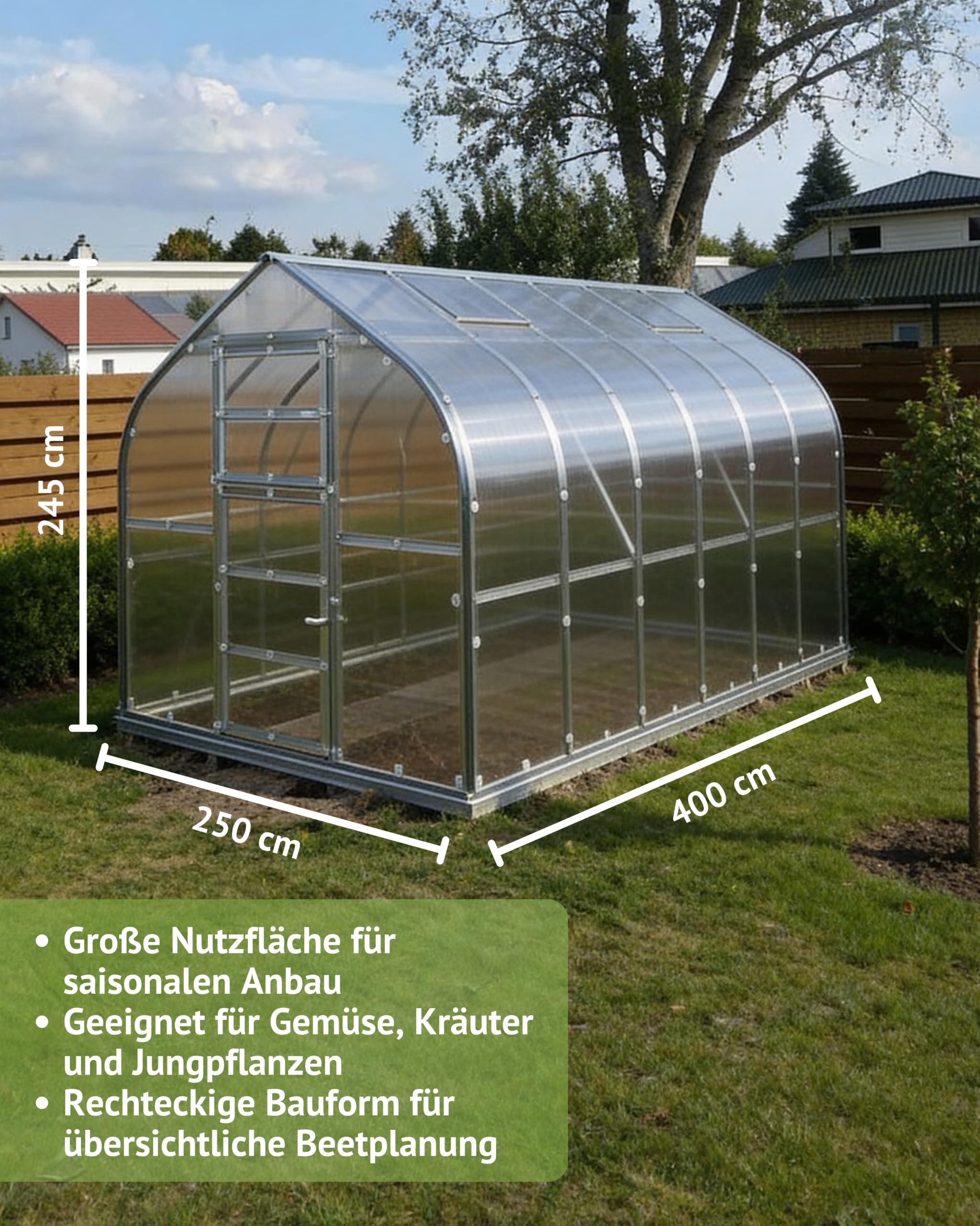 Gewächshaus 07 HKP 6 mm, Grundfläche 10 m²- Abmessungen: 400 x 250 cm (L x B)