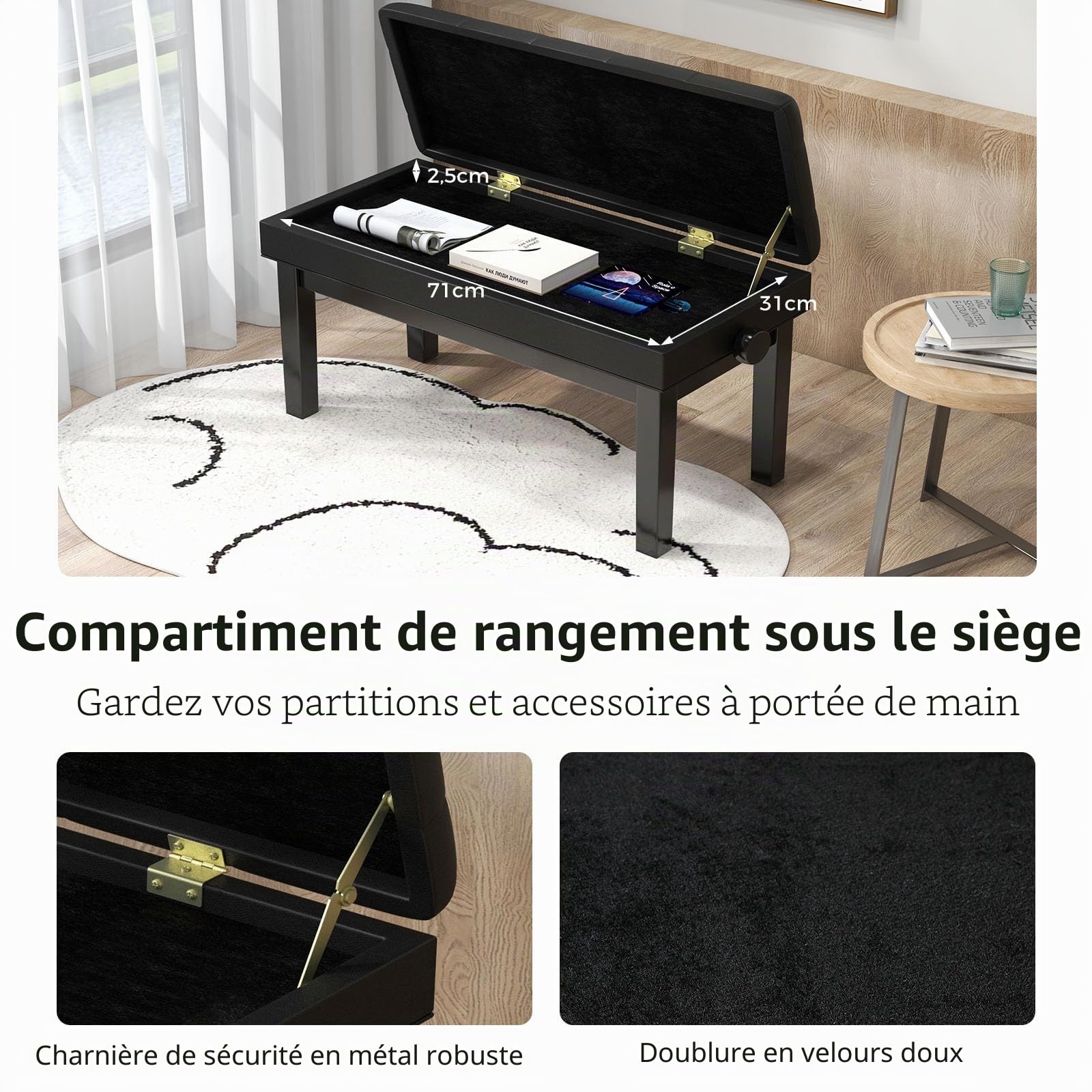 LIFEZEAL Tabouret de Piano Réglable en Hauteur 75 x 35 x 45-54 CM, Banc de Piano avec Boîte de Rangement, Siège de Piano en Cuir PU Cardre en Bois Massif et en Fer, Noir