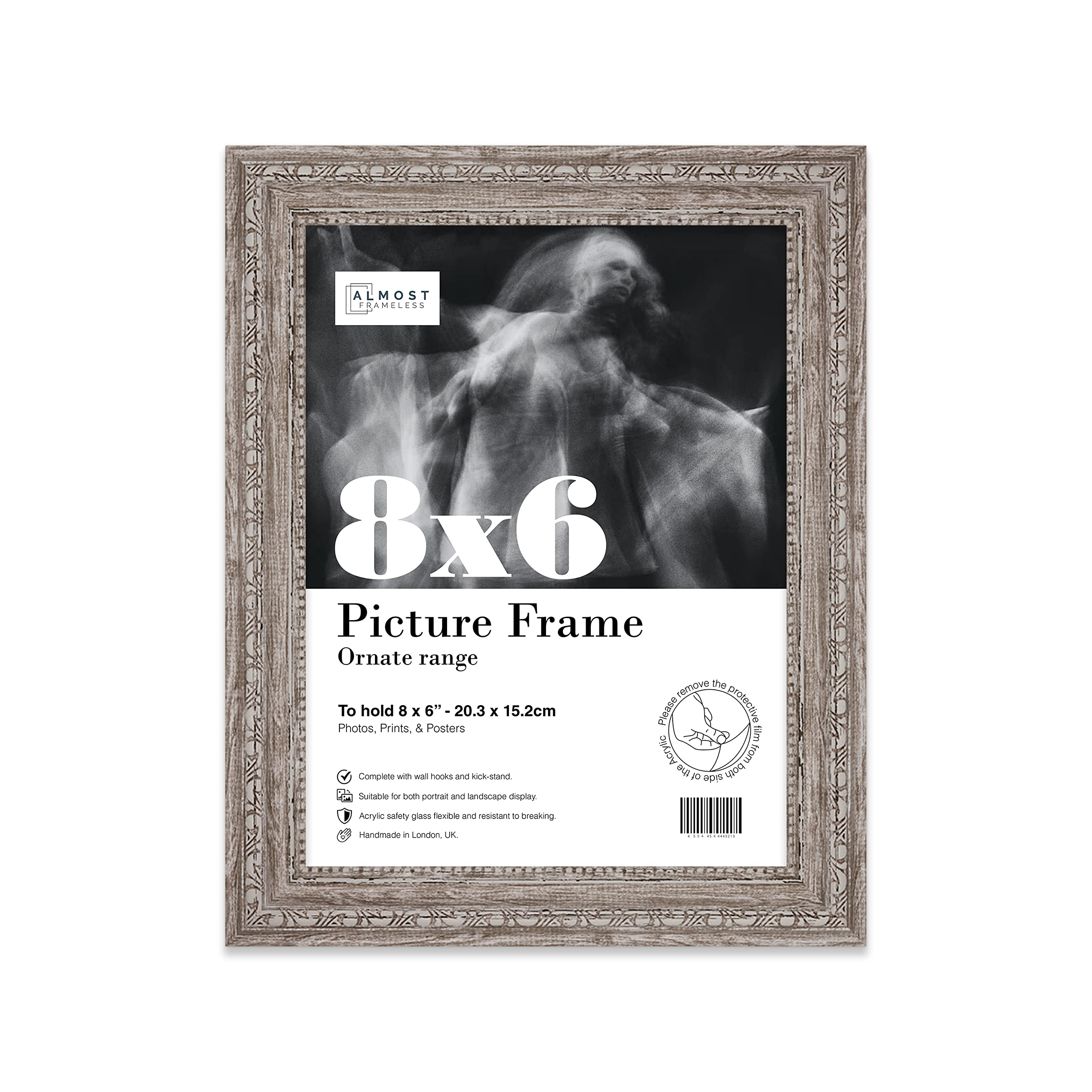 Almost Frameless 8x6 Walnut Ornate Picture Frame 8"x6"(20.3x15.2cm) Poster, Photo, Artwork, or Print. Opulent Style Portrait and Landscape Display with Wall Hooks