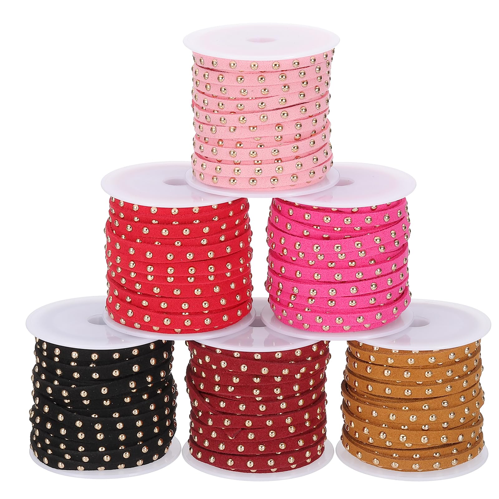 PATIKIL 32.8 Yards Studded Faux Suede Cord Rope for Jewelry Making 6Pcs Each 5m 5mm Flat Leather Lace Beading String Ribbon Gold Rivets