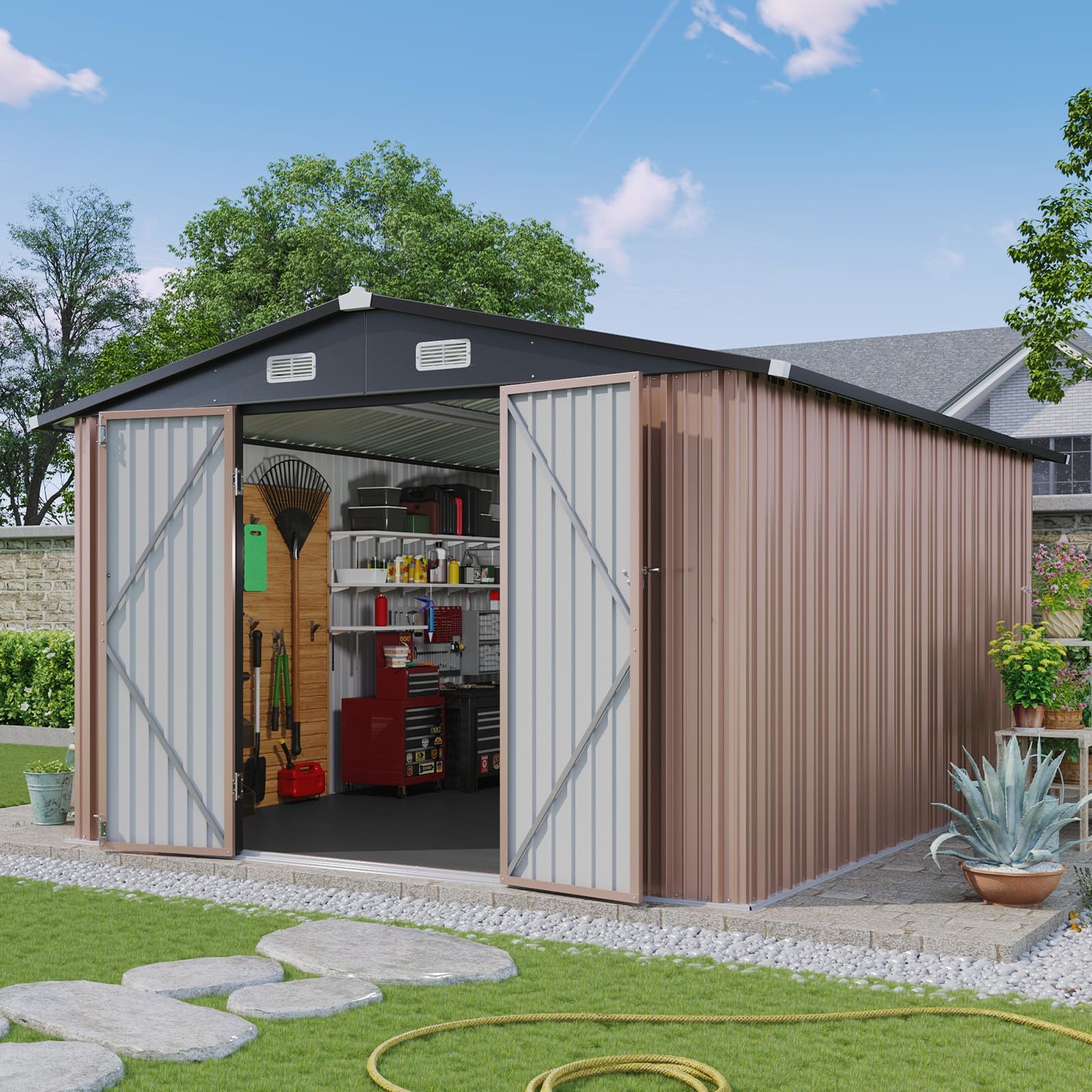 Aoxun 10x12 Shed with Floor Galvanized Steel Outdoor Storage Shed