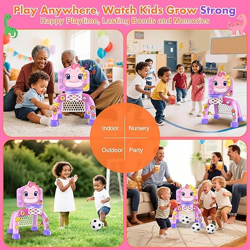 Vista 6 de Nicmore Juguetes de aro de baloncesto para niños pequeños: Centro de actividad de dinosaurio con luces y música - Desarrollo de habilidades Rosa