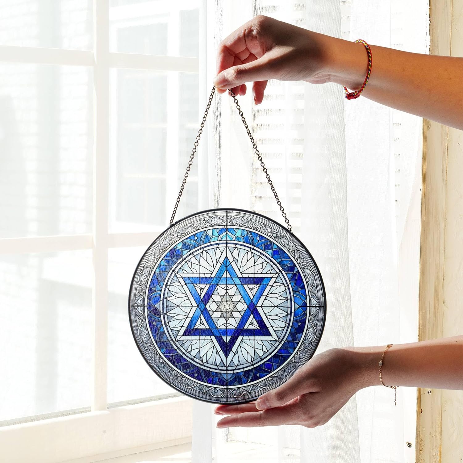 Jewish Star of David Suncatcher, Hanukkah Decor Window Hanging Stained Glass Decoration (7.8 Inches)