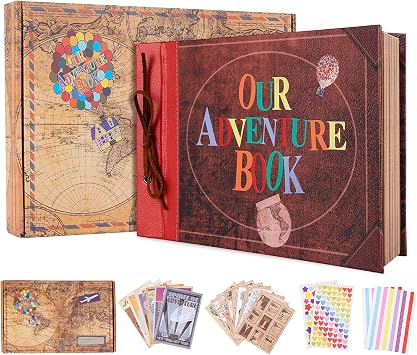 Our Adventure Book with House, 11.6 x 7.5 inch Leather Cover Up Themed Vintage Scrapbook Album,Valentine's Day, Anniversary Wedding Gifts, Retro Craft Cardstock, 40 Pages adventure book