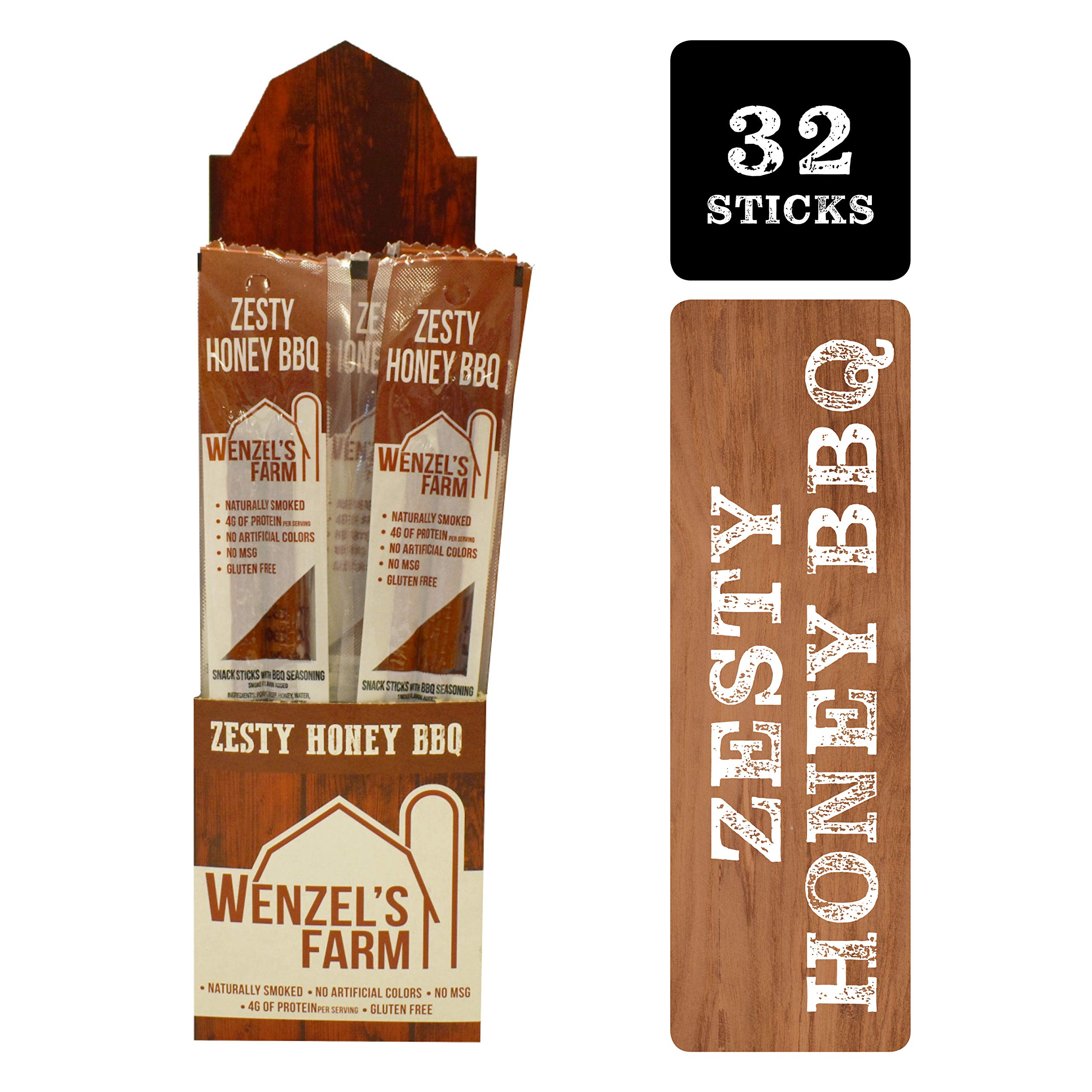 Wenzel’s Farm Zesty Honey BBQ Sticks │Supports Active Lifestyles│ Flavorful, Naturally Smoked │ High Protein, Low Carb │ No MSG, Fillers, Binders, Artificial Colors │ Gluten Free | 32 sticks (16 packs of 2)
