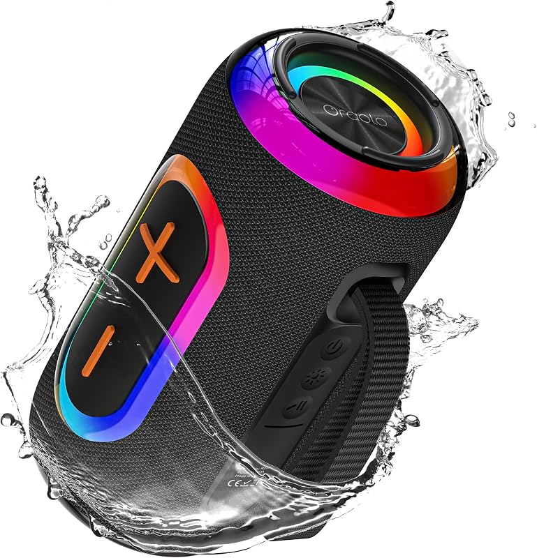 Oraolo Bluetooth Speaker, Portable Speaker with 24W Loud Stereo Sound, Colorful RGB Lights, TWS Pairing, Bluetooth 5.4, 15H Playtime, Support AUX/TF Card, Wireless Speaker for Party Home Camping
