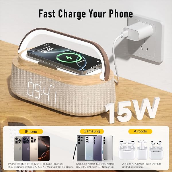 FREEFISH 6-in-1 Alarm Clock with Bluetooth Speaker, Wireless Charging, FM Radio, Night Light, Phone Holder, Digital Clock, 15W Fast Charger for iPhone 16/15/14/13 Samsung, Bedroom Office Gift (Wood) - 5