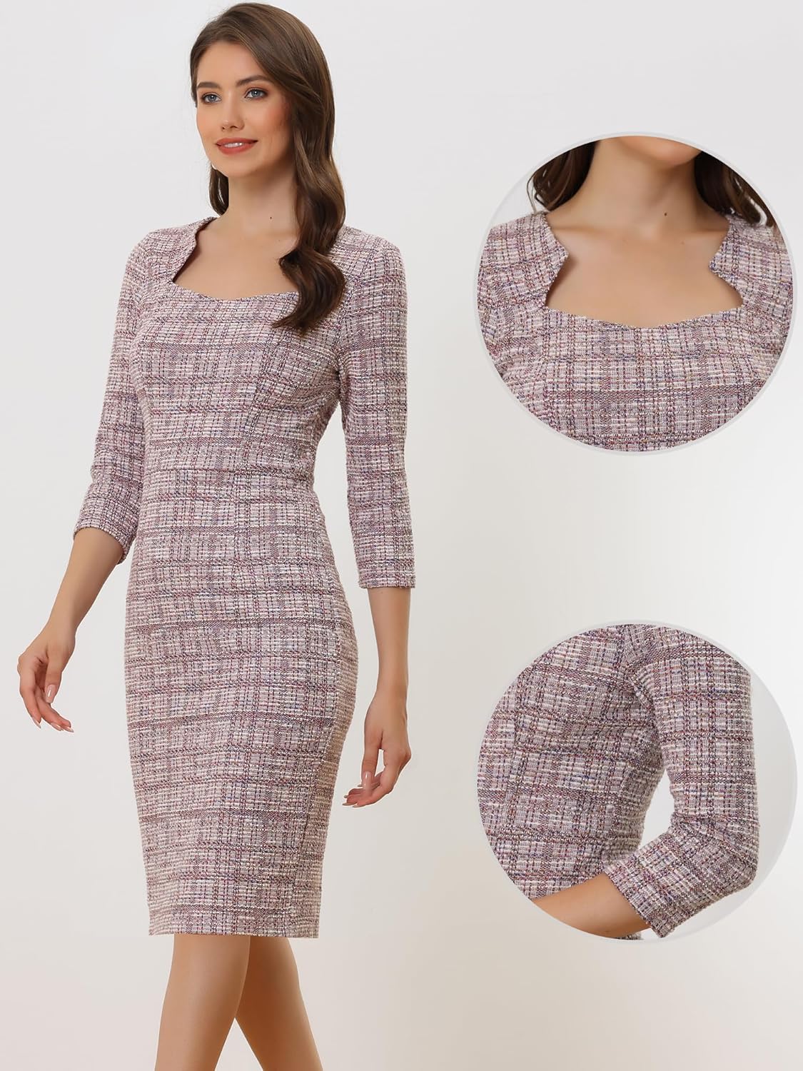 Allegra K Tweed Dress for Women Elegant 3/4 Sleeve Plaid Business Work Bodycon Pencil Dress - Image 4
