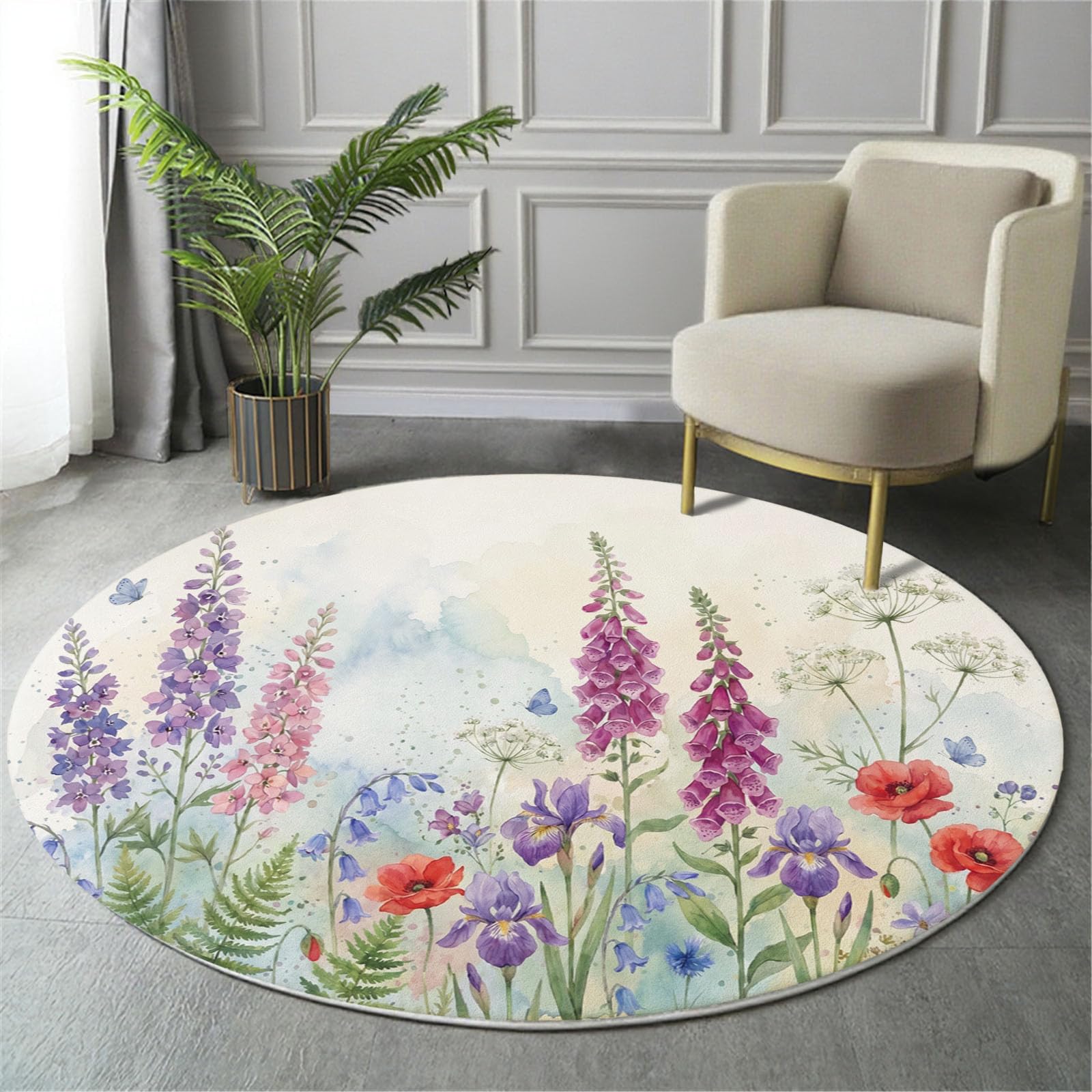 Tapis Rond Fleurs Sauvages À L'Aquarelle Bleu-Vert Salon 180 Cm | Tapis Antidérapant Nature Digitale Iris Pour Chambre Enfant Salle Jeux Décoration, Moquette De Sol Poil Bas Lavable