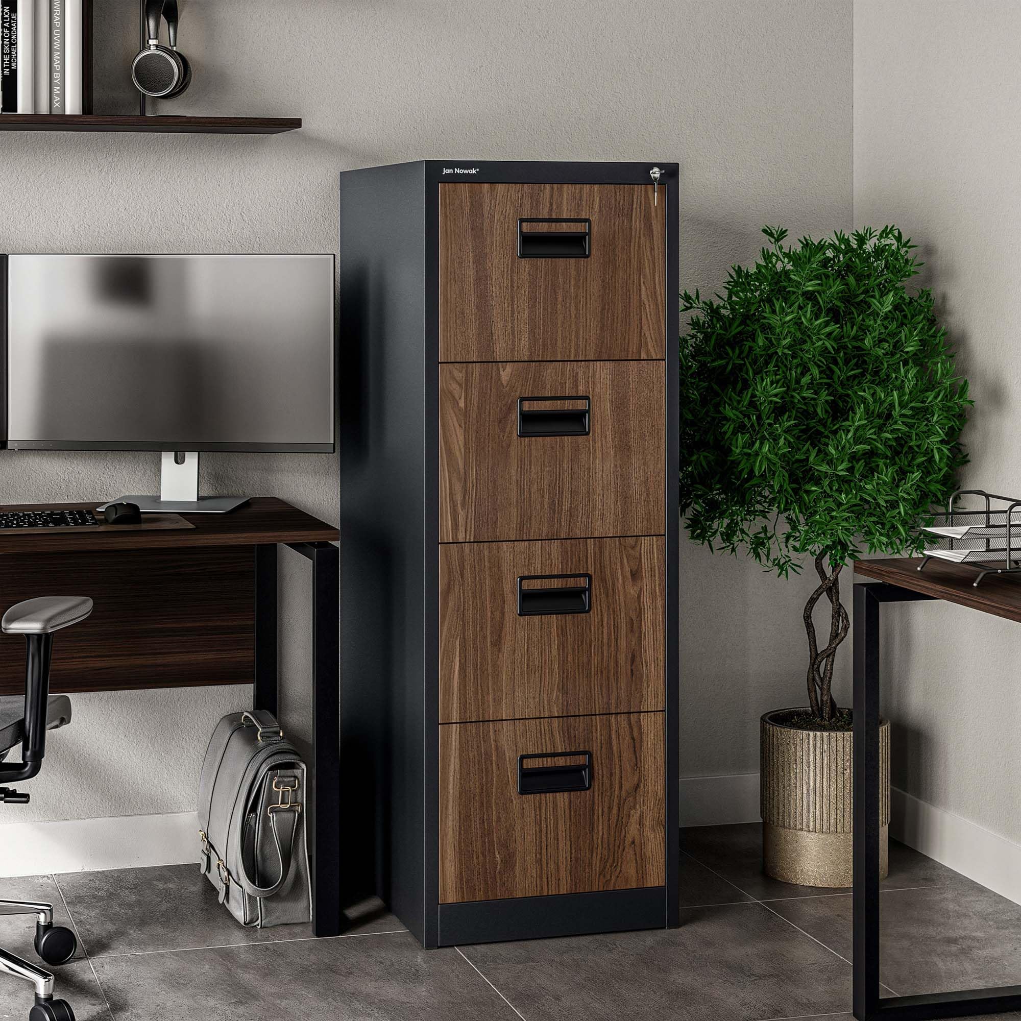 Jan Nowak Hängeregistraturschrank V004A Hängemappenschrank Büroschrank Stahlschrank Aktenschrank mit 4 Schubladen Pulverbeschichtung Stahlblech 132 x 46 x 62 cm (H x B x T) (Anthrazit/Holzoptik)